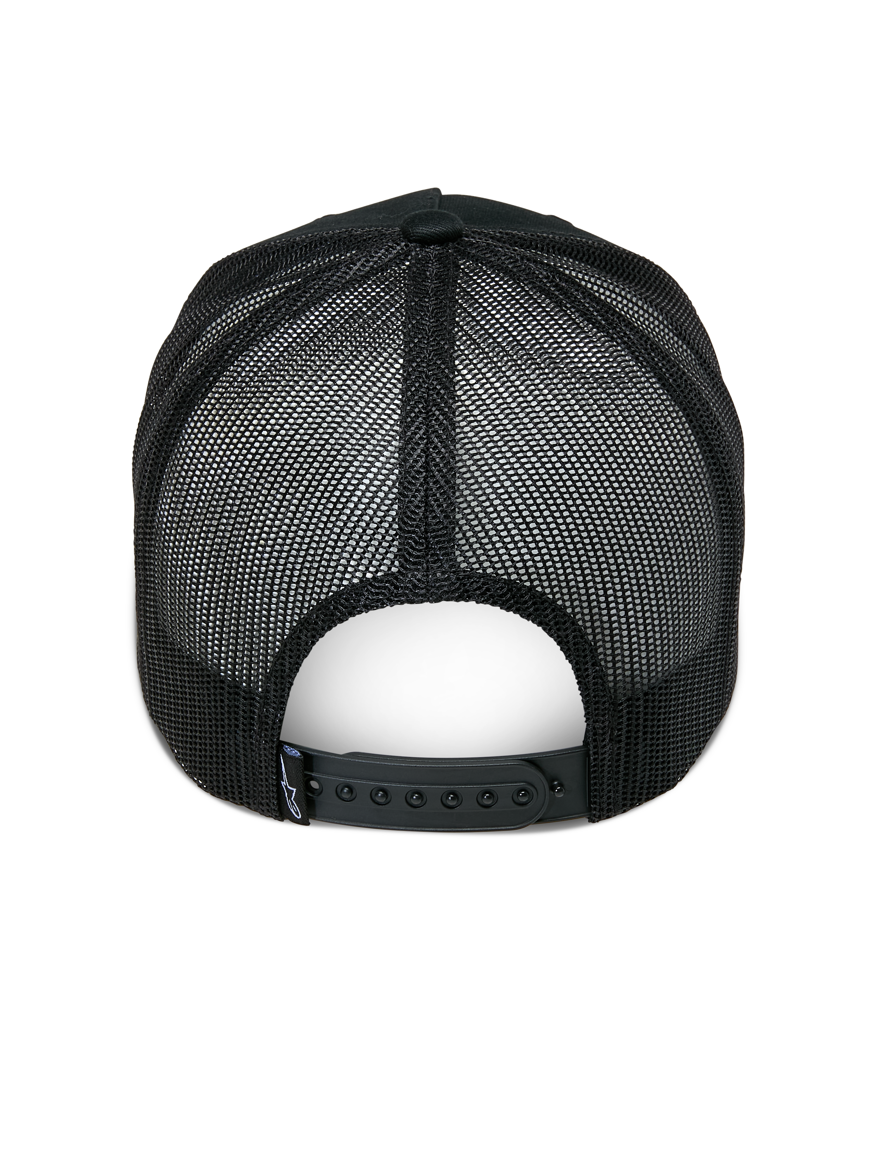 Alpinestars Ageless Trucker Hat, czarna czapka typu trucker, widok z tyłu, czarne siatkowe panele, regulowane zapięcie snapback, mała metka z logo Astars z tyłu, codzienne nakrycie głowy inspirowane sportami motorowymi