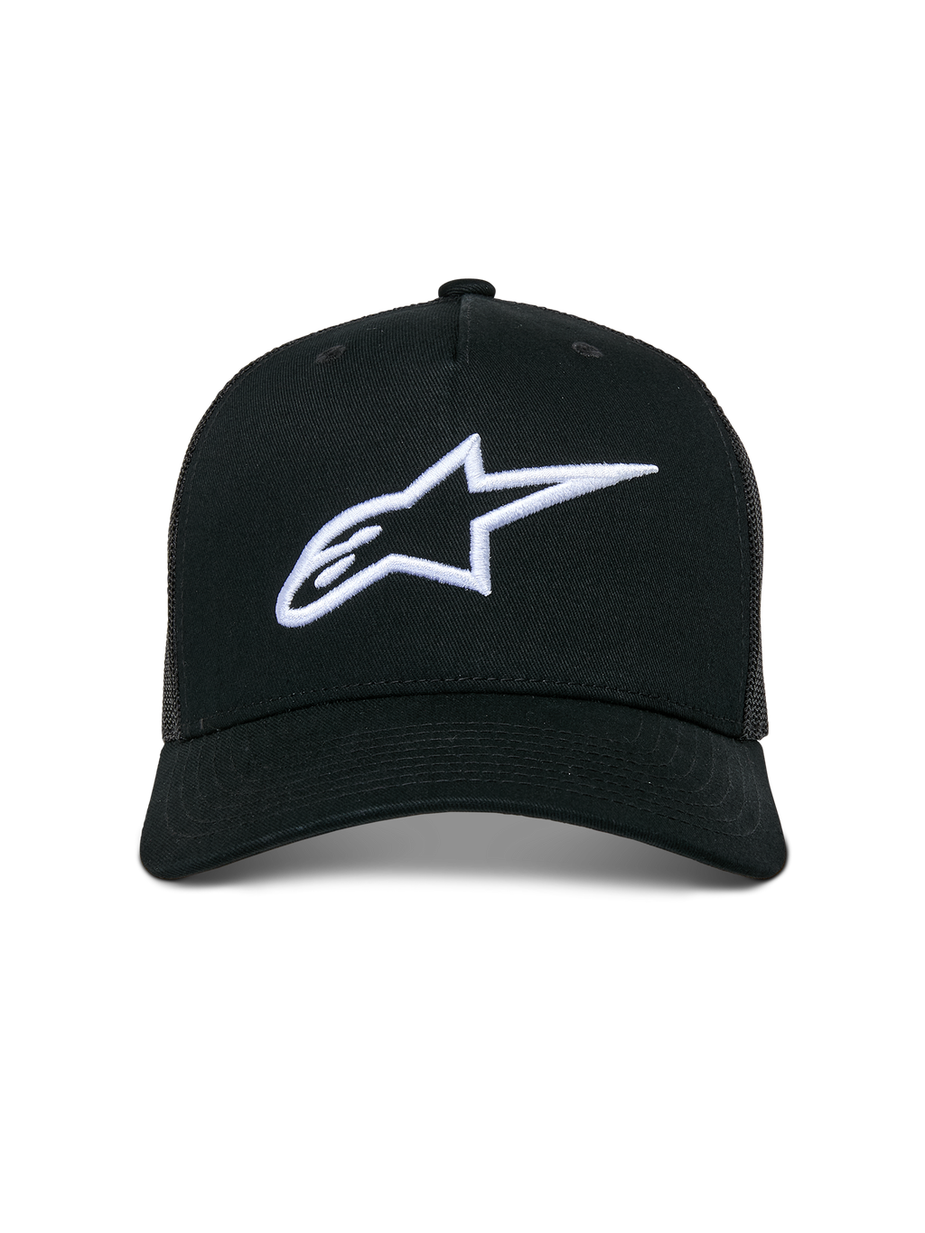 Alpinestars Ageless Trucker Hat, czarna czapka typu trucker, białe haftowane logo Astars 3D, zakrzywiony daszek i siatkowe panele z tyłu, streetwear inspirowany sportami motorowymi