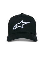 Alpinestars Ageless Trucker Hat, czarna czapka typu trucker, białe haftowane logo Astars 3D, zakrzywiony daszek i siatkowe panele z tyłu, streetwear inspirowany sportami motorowymi