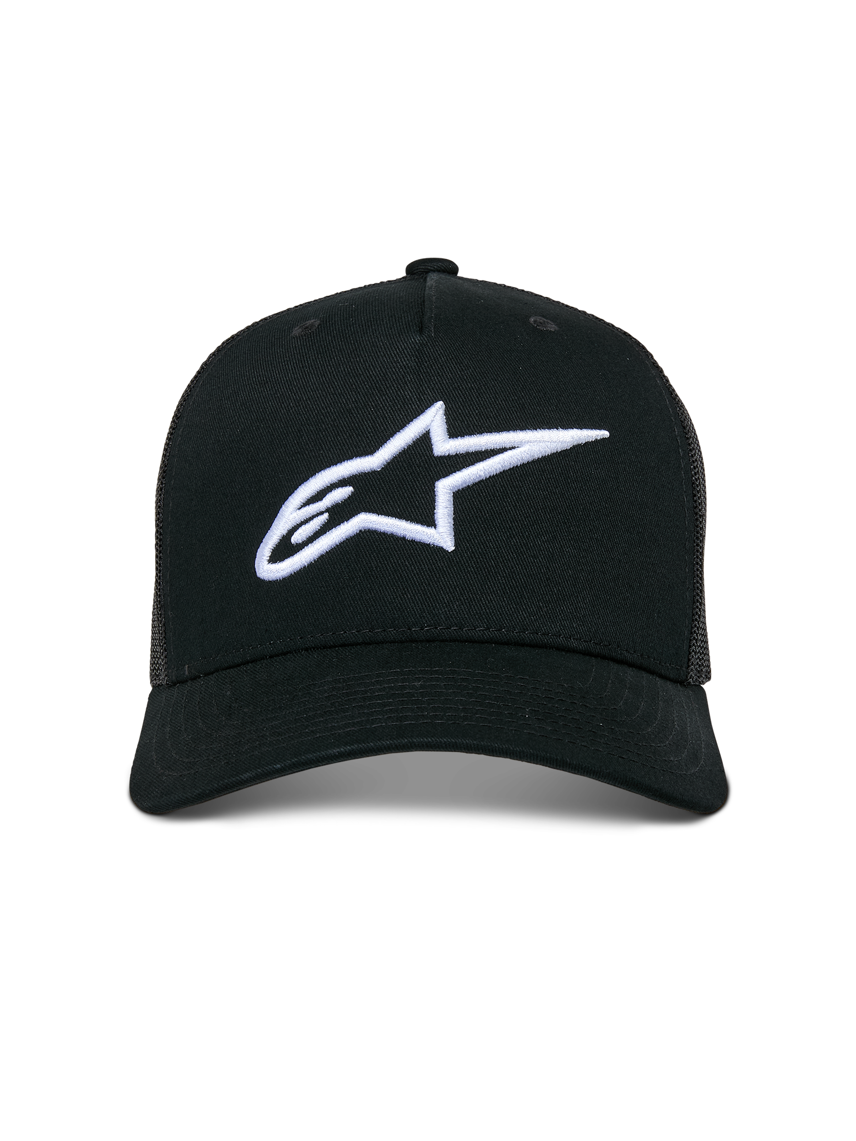 Alpinestars Ageless Trucker Hat, czarna czapka typu trucker, białe haftowane logo Astars 3D, zakrzywiony daszek i siatkowe panele z tyłu, streetwear inspirowany sportami motorowymi