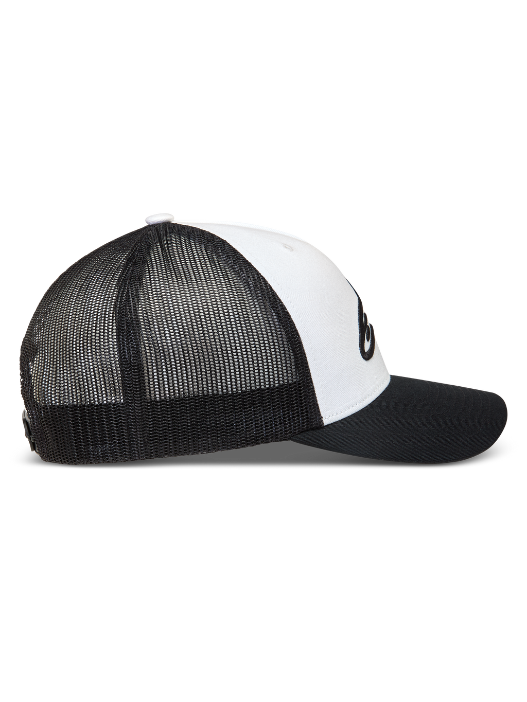 Alpinestars Ageless Snapback, czarna i biała czapka z daszkiem typu trucker, siatkowy tył i zakrzywiony daszek, logo Astars, odzież sportowa.