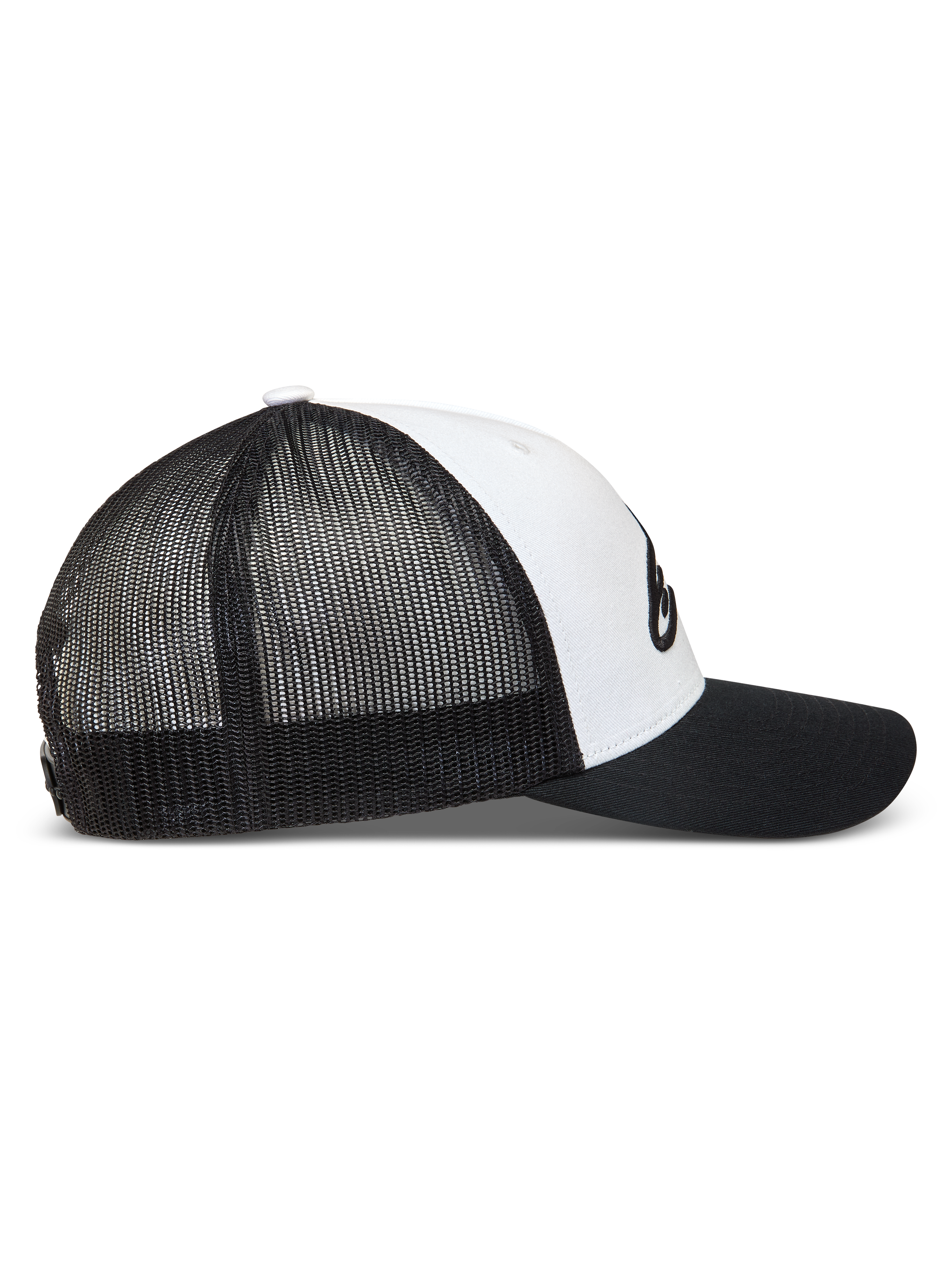 Alpinestars Ageless Snapback, czarna i biała czapka z daszkiem typu trucker, siatkowy tył i zakrzywiony daszek, logo Astars, odzież sportowa.