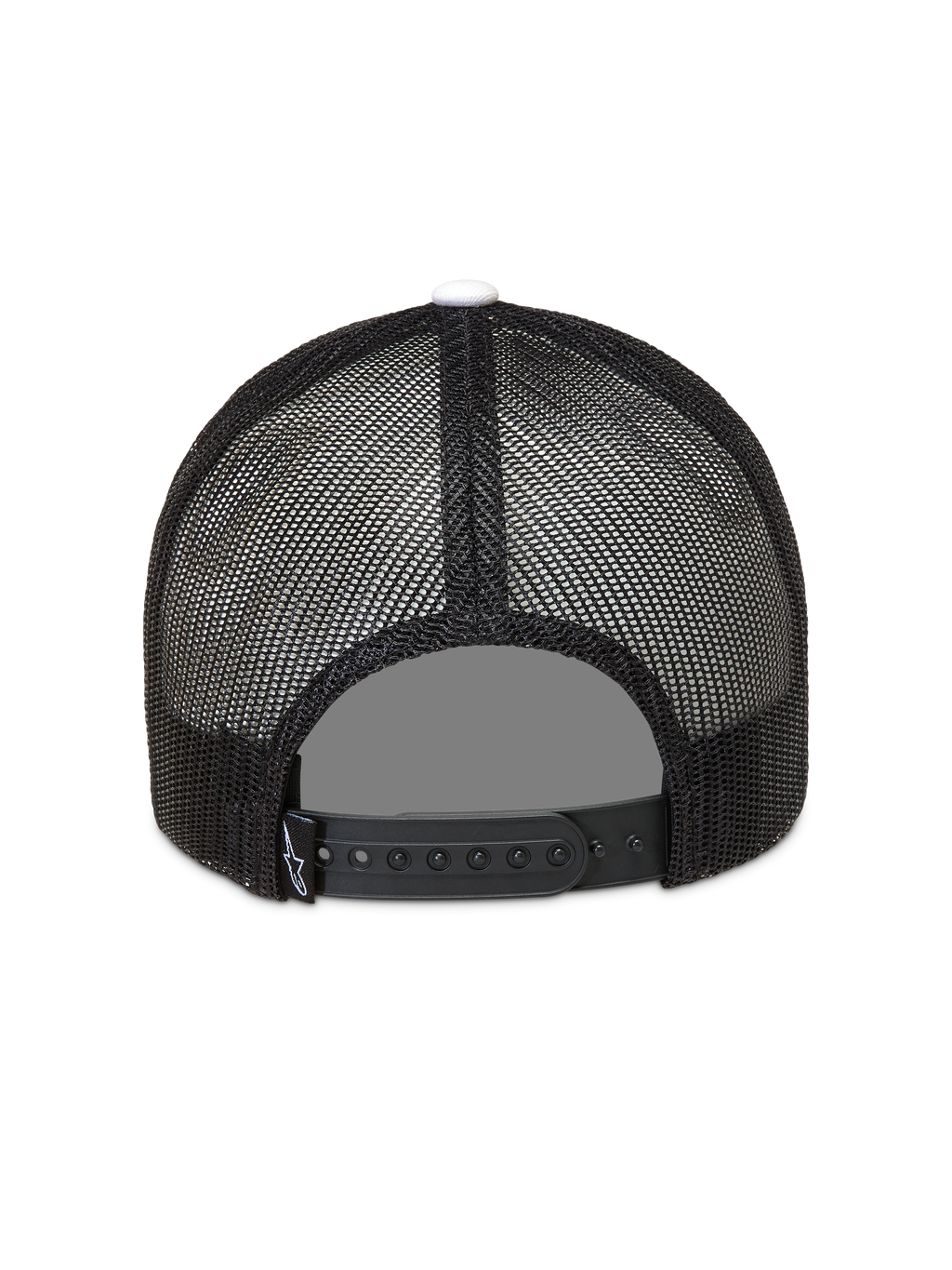 Alpinestars Ageless Snapback, czarna czapka z daszkiem typu trucker, siateczkowy tył, biały guzik na czubku, regulowane zapięcie typu snap back, widok z tyłu.