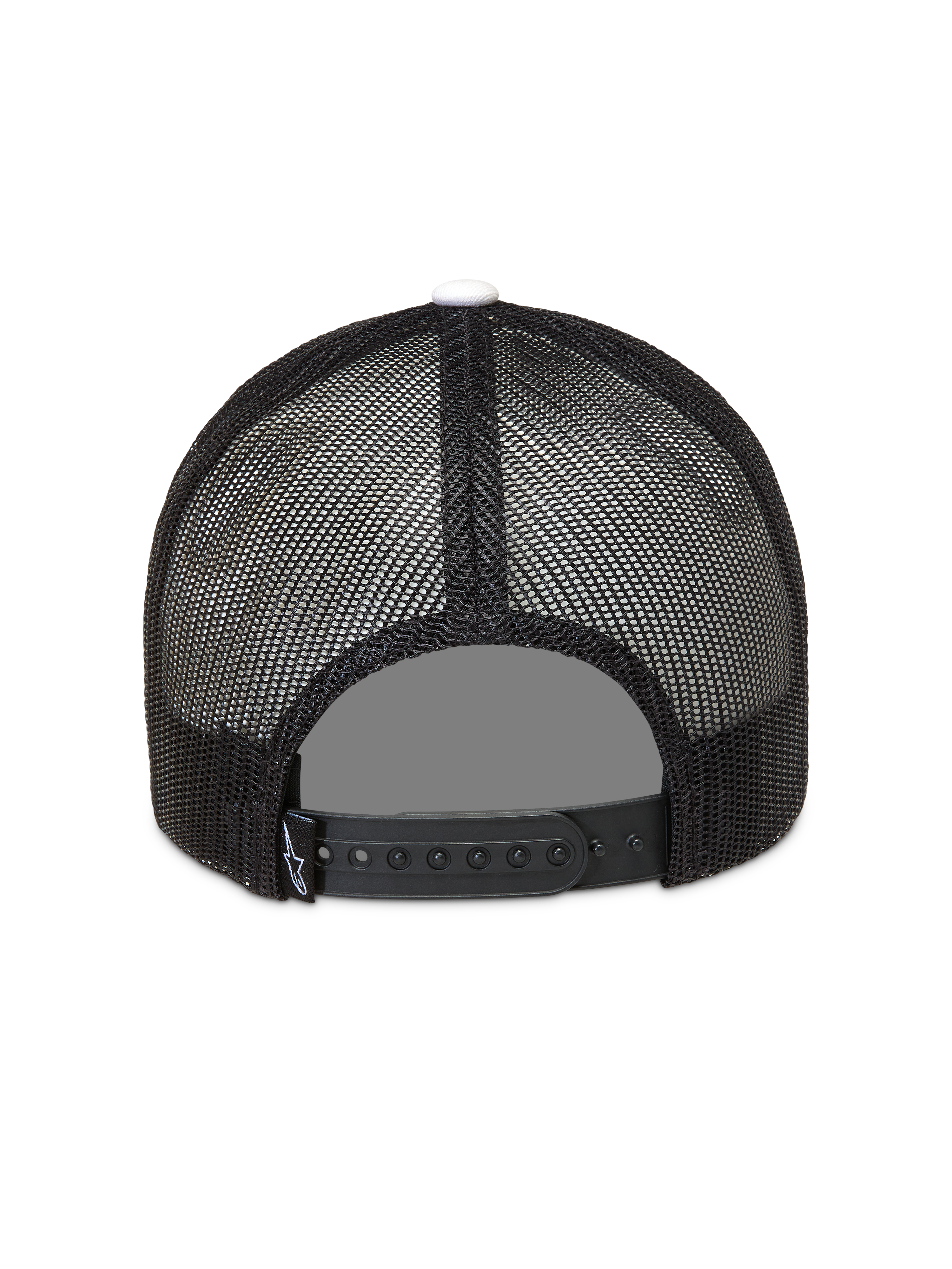 Alpinestars Ageless Snapback, czarna czapka z daszkiem typu trucker, siateczkowy tył, biały guzik na czubku, regulowane zapięcie typu snap back, widok z tyłu.