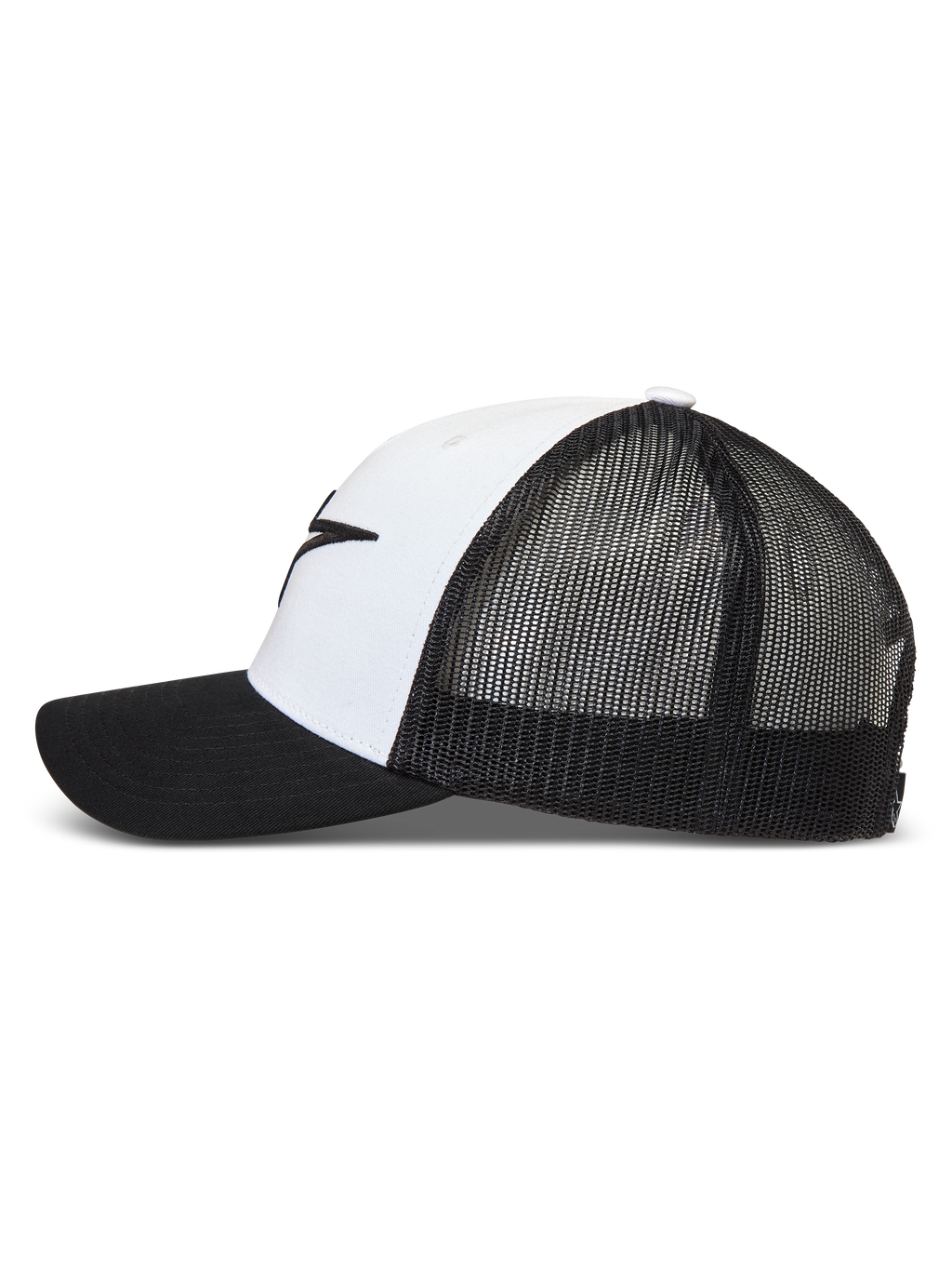 Alpinestars Ageless Snapback, biało-czarna czapka z daszkiem typu trucker z oddychającą siatką i zakrzywionym daszkiem.