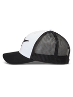 Alpinestars Ageless Snapback, biało-czarna czapka z daszkiem typu trucker z oddychającą siatką i zakrzywionym daszkiem.