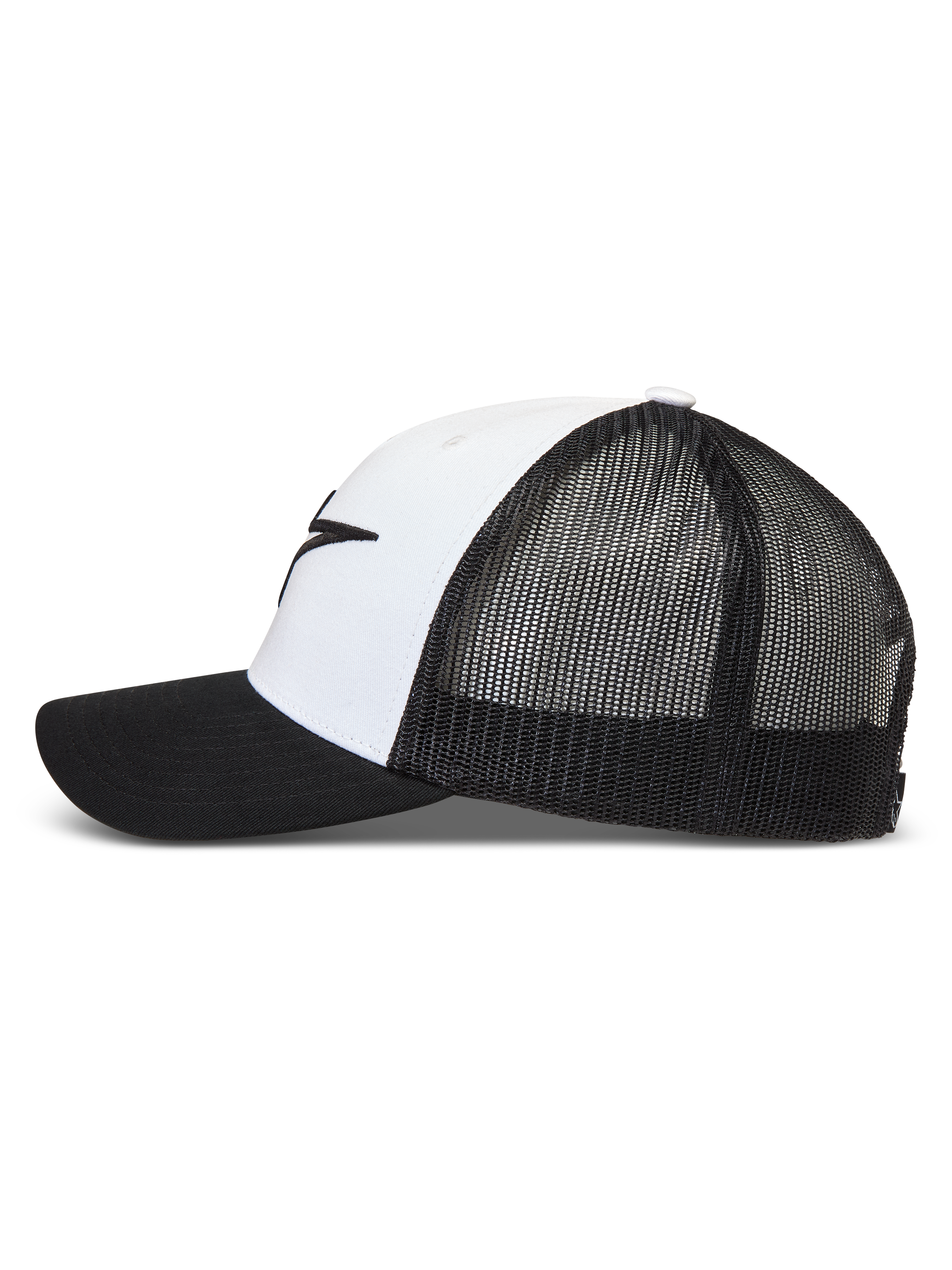 Alpinestars Ageless Snapback, biało-czarna czapka z daszkiem typu trucker z oddychającą siatką i zakrzywionym daszkiem.
