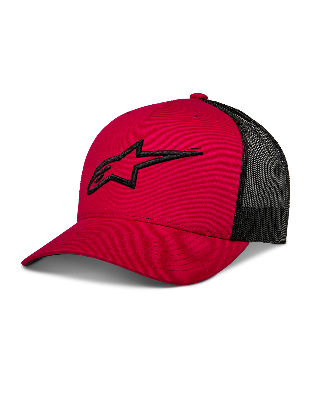 Alpinestars Ageless Trucker Hat, czerwono-czarna czapka z daszkiem z siatką, zakrzywiony daszek, czarne haftowane logo 3D Astars, usztywniona korona, casualowa odzież sportowa