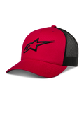 Alpinestars Ageless Trucker Hat, czerwono-czarna czapka z daszkiem z siatką, zakrzywiony daszek, czarne haftowane logo 3D Astars, usztywniona korona, casualowa odzież sportowa