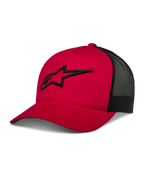 Alpinestars Ageless Trucker Hat, czerwono-czarna czapka z daszkiem z siatką, zakrzywiony daszek, czarne haftowane logo 3D Astars, usztywniona korona, casualowa odzież sportowa