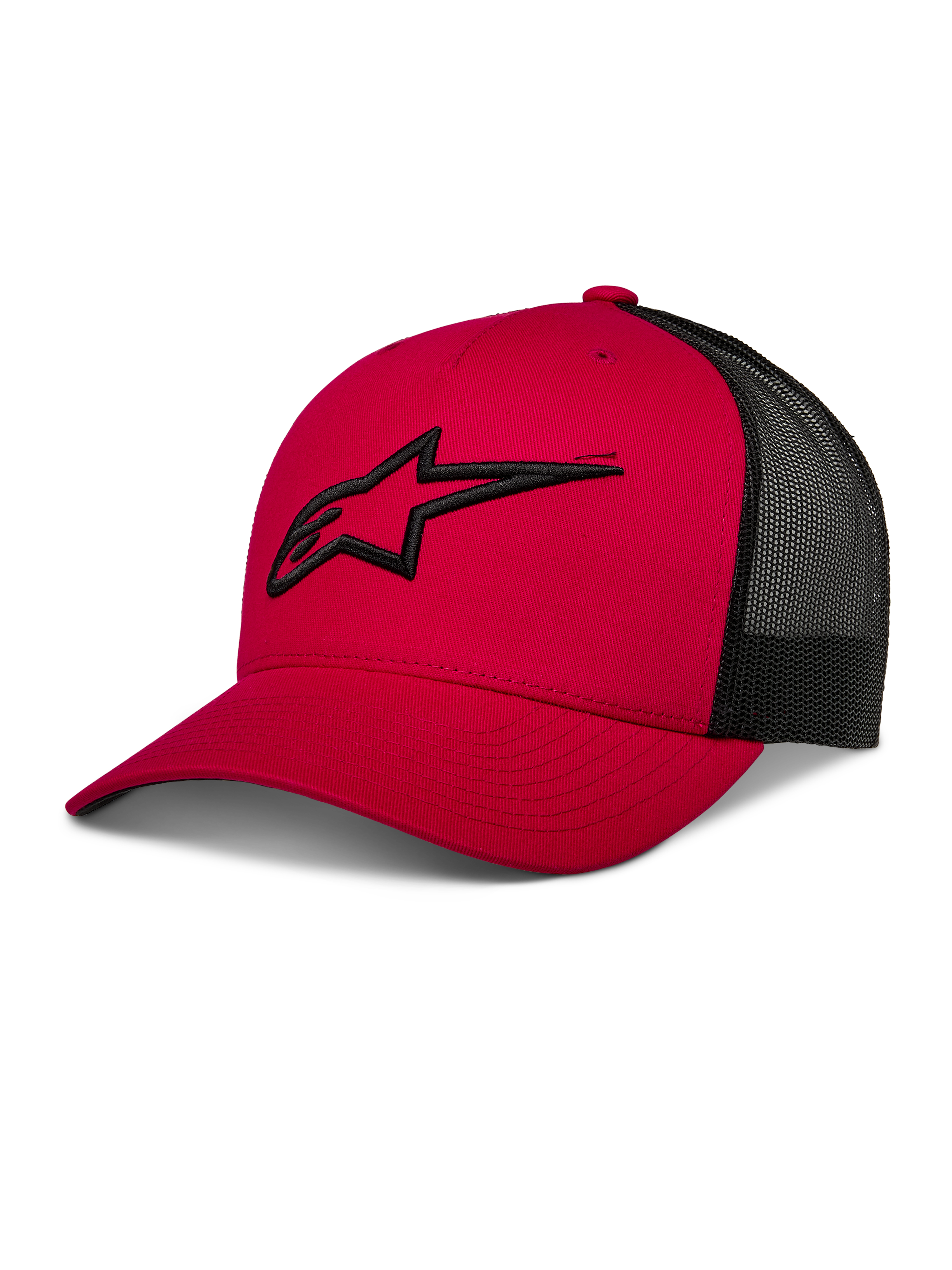 Alpinestars Ageless Trucker Hat, czerwono-czarna czapka z daszkiem z siatką, zakrzywiony daszek, czarne haftowane logo 3D Astars, usztywniona korona, casualowa odzież sportowa