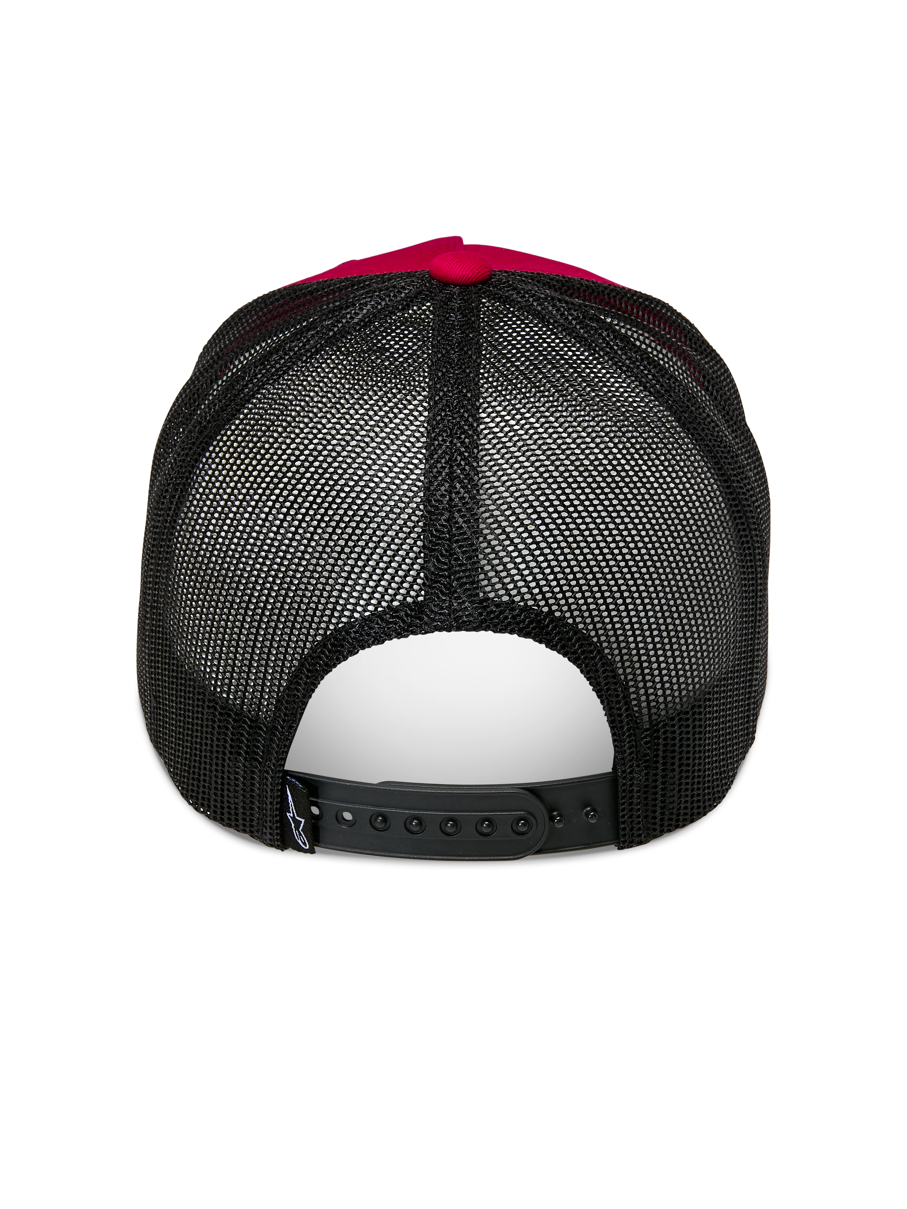Alpinestars Ageless Trucker Hat, czerwono-czarna czapka z daszkiem, widok z tyłu z czarną poliestrową siatką i regulowanym zapięciem typu snapback, czerwony guzik na górze i detale korony, codzienne nakrycie głowy w stylu sportów motorowych