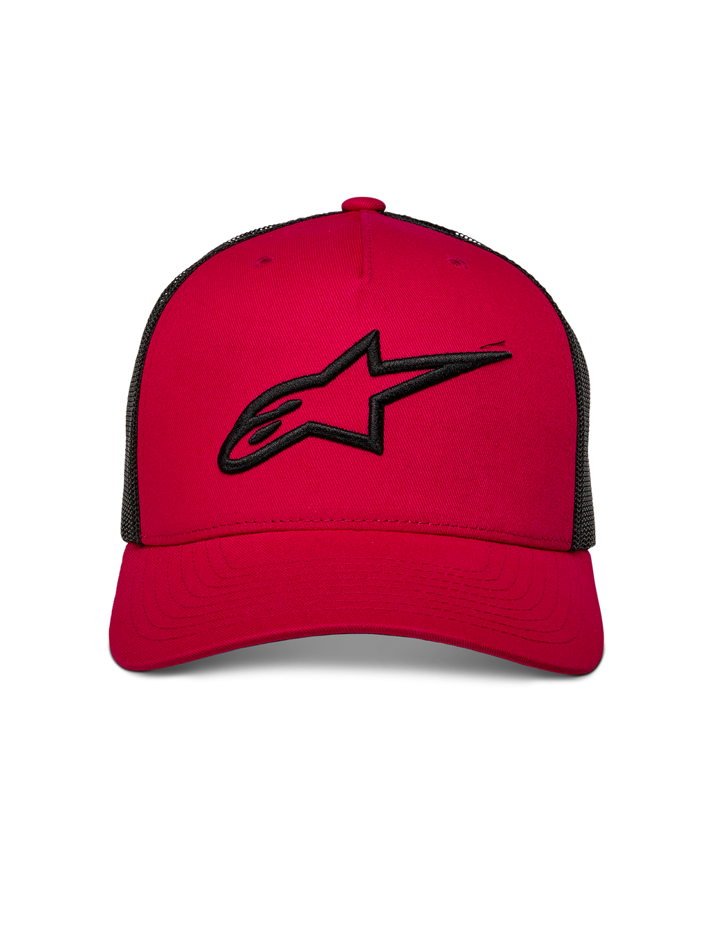 Alpinestars Ageless Trucker Hat, czerwona czapka z czarną siatką z tyłu, czarne haftowane logo 3D Astars z przodu, zakrzywiony daszek, codzienne nakrycie głowy inspirowane motorsportem