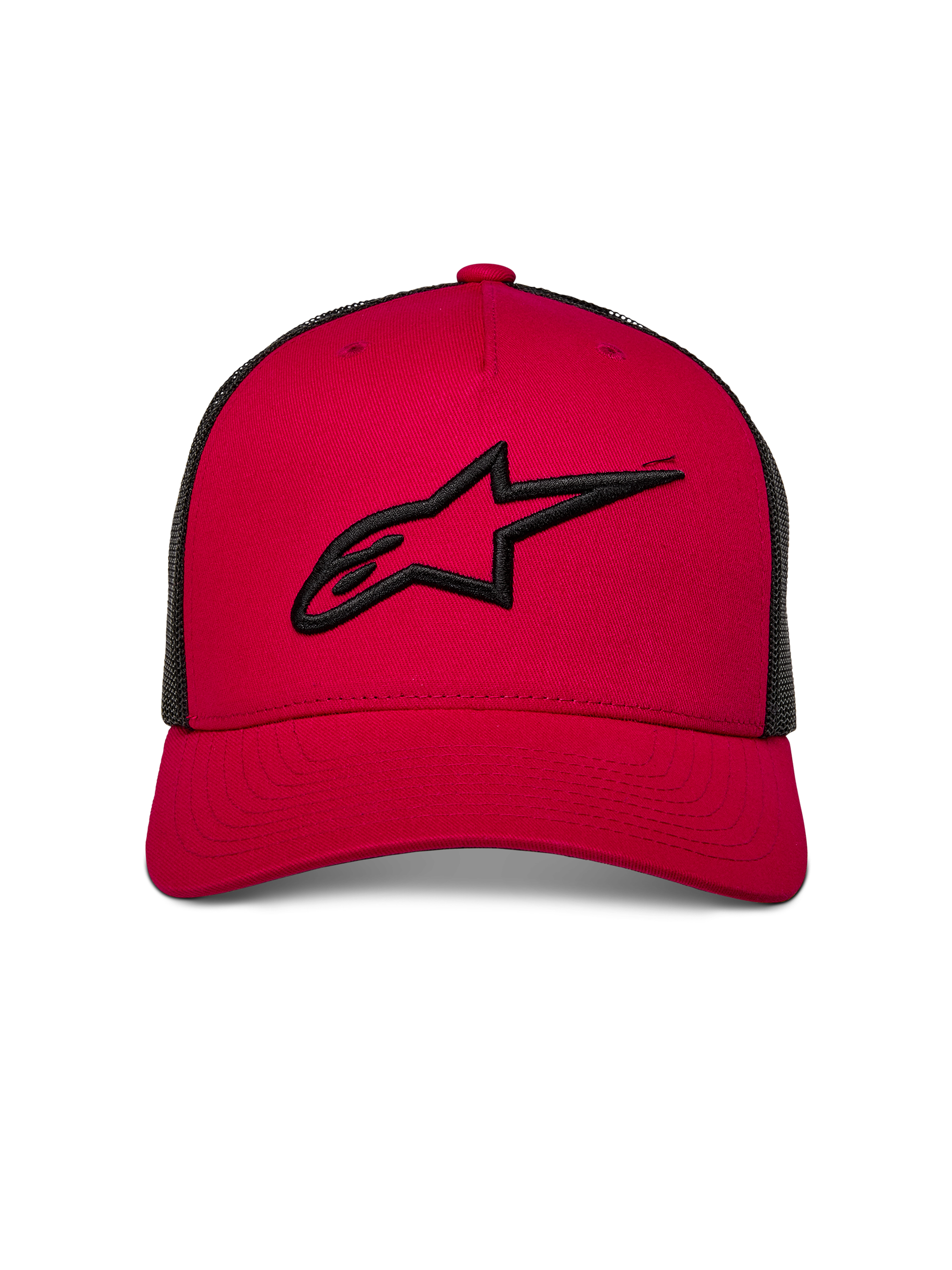 Alpinestars Ageless Trucker Hat, czerwona czapka z czarną siatką z tyłu, czarne haftowane logo 3D Astars z przodu, zakrzywiony daszek, codzienne nakrycie głowy inspirowane motorsportem
