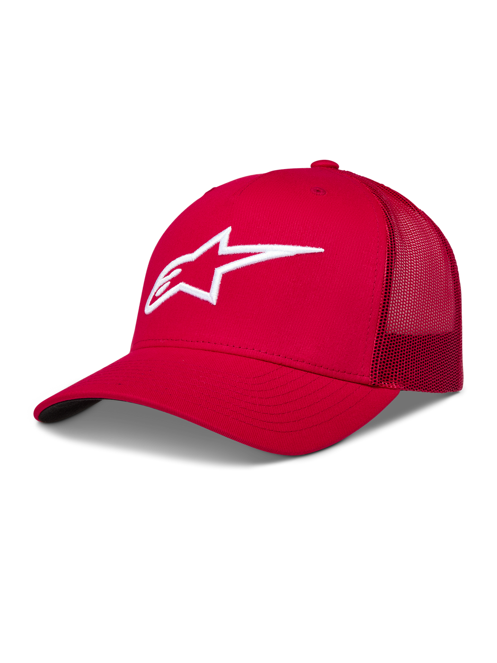 Alpinestars Ageless Trucker Hat, czerwona czapka z daszkiem, białe haftowane logo Astars 3D, siateczkowy tył, styl motorsport