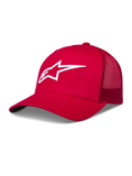 Alpinestars Ageless Trucker Hat, czerwona czapka z daszkiem, białe haftowane logo Astars 3D, siateczkowy tył, styl motorsport