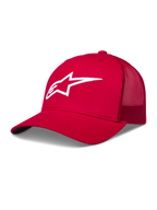 Alpinestars Ageless Trucker Hat, czerwona czapka z daszkiem, białe haftowane logo Astars 3D, siateczkowy tył, styl motorsport