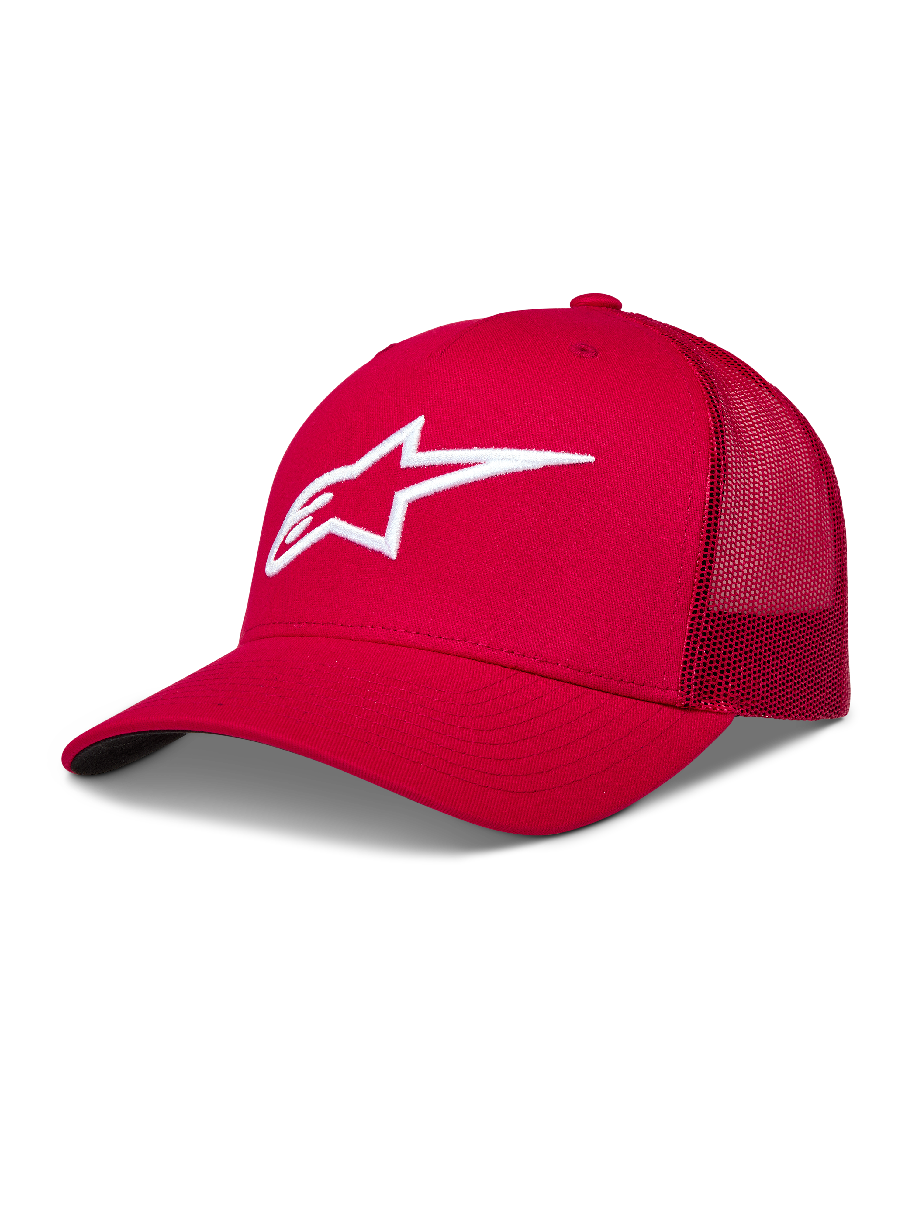Alpinestars Ageless Trucker Hat, czerwona czapka z daszkiem, białe haftowane logo Astars 3D, siateczkowy tył, styl motorsport