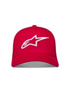 Alpinestars Ageless Snapback, czerwona czapka z daszkiem z białym haftowanym logo 3D Astars i zakrzywionym daszkiem.