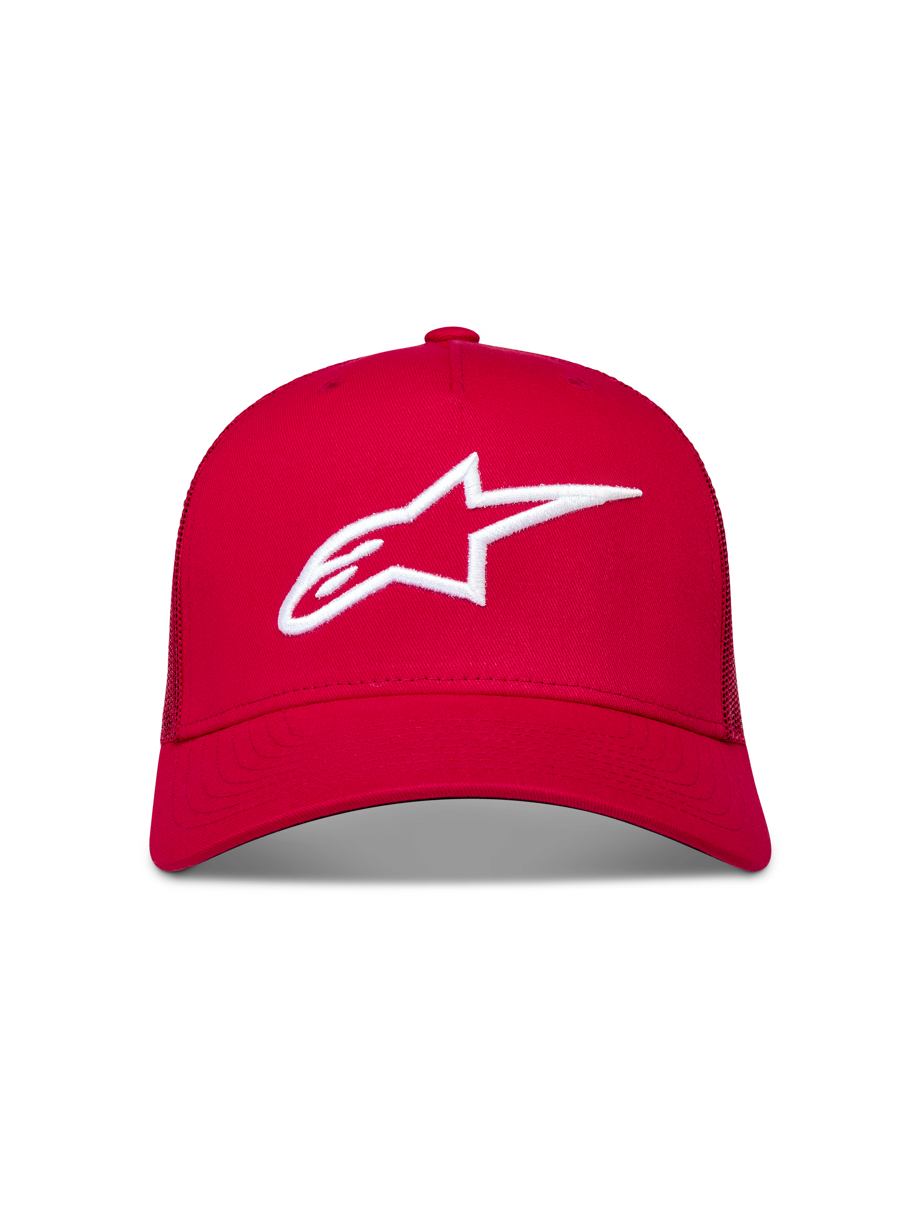 Alpinestars Ageless Snapback, czerwona czapka z daszkiem z białym haftowanym logo 3D Astars i zakrzywionym daszkiem.