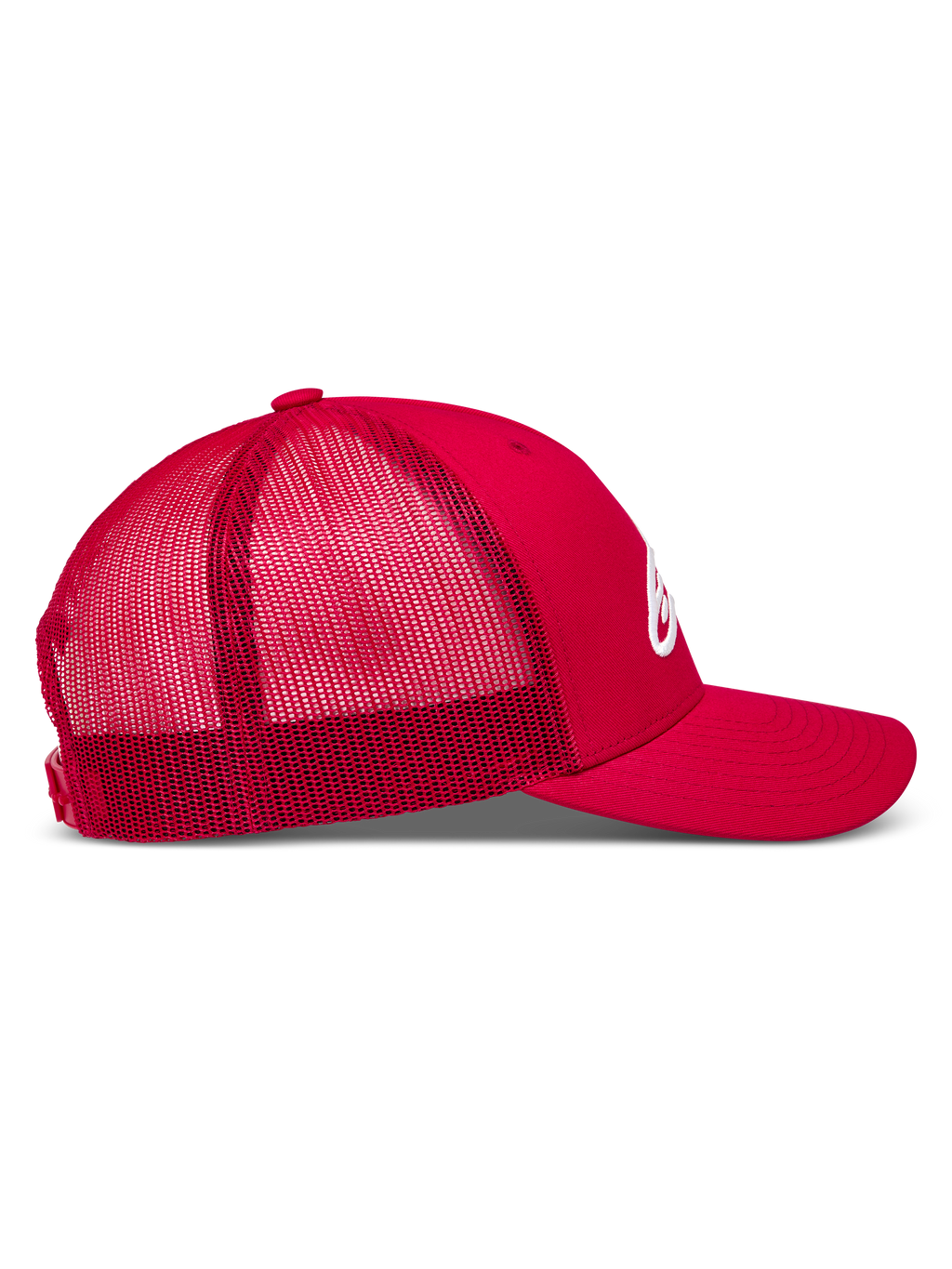Alpinestars Ageless Snapback, czerwona czapka sportowa, oddychająca siateczka z tyłu, zakrzywiony daszek i logo 3D.
