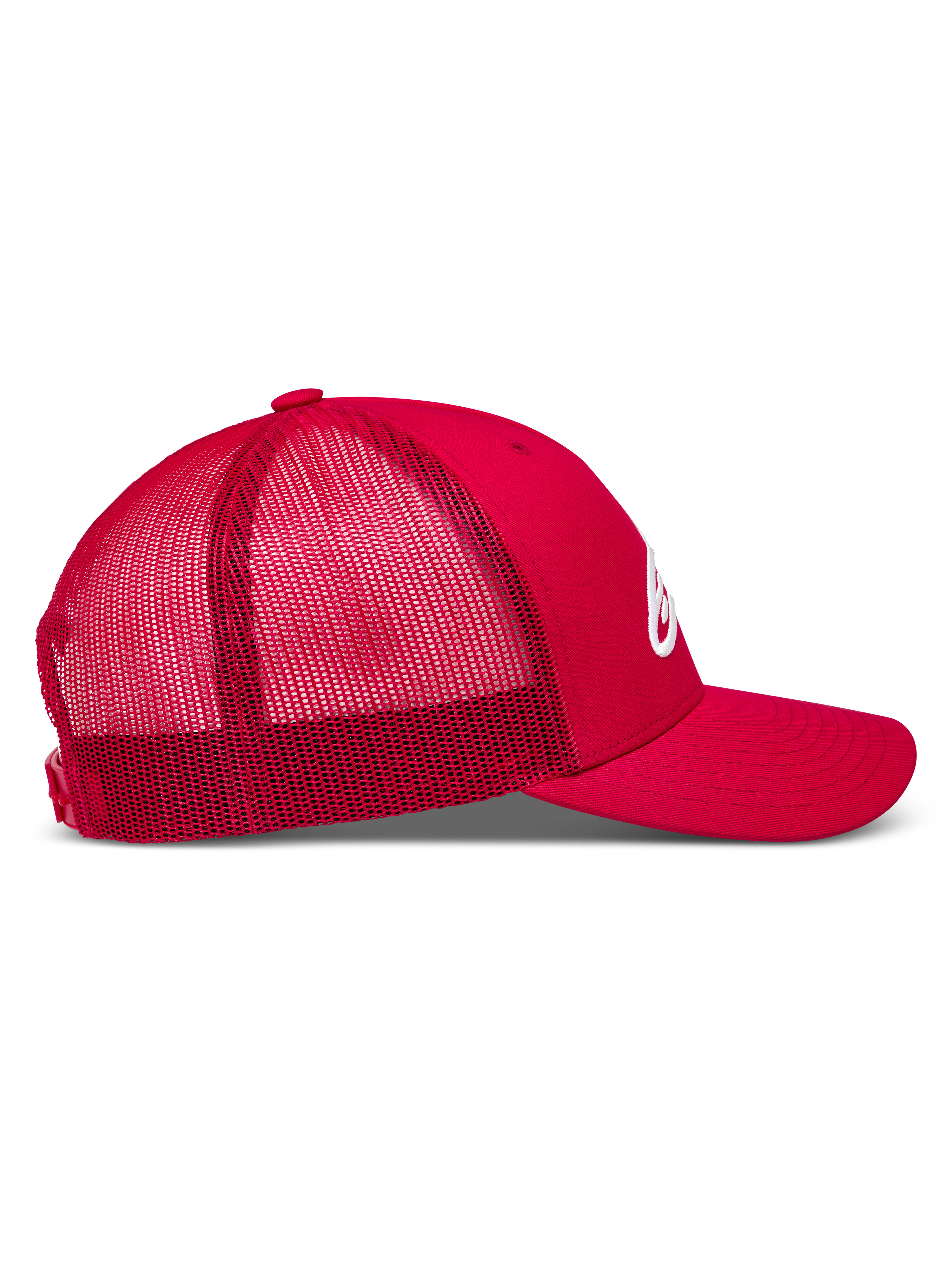 Alpinestars Ageless Snapback, czerwona czapka sportowa, oddychająca siateczka z tyłu, zakrzywiony daszek i logo 3D.