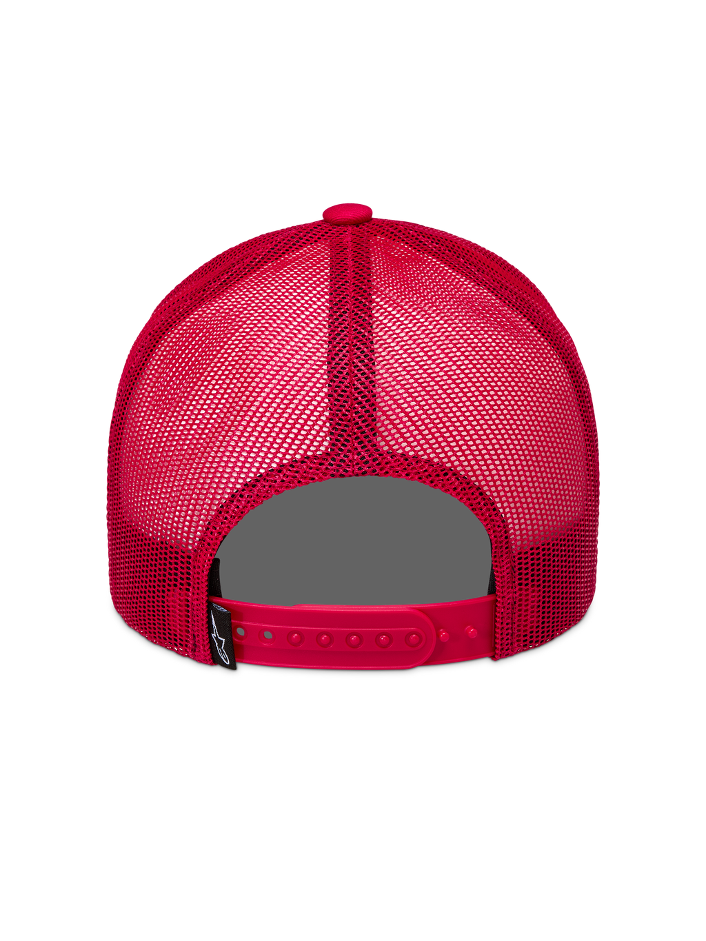 Alpinestars Ageless Snapback Kapelusz, czerwona czapka z daszkiem typu trucker, widok z tyłu z oddychającymi panelami z siateczki, regulowanym zapięciem snapback i metką z logo.