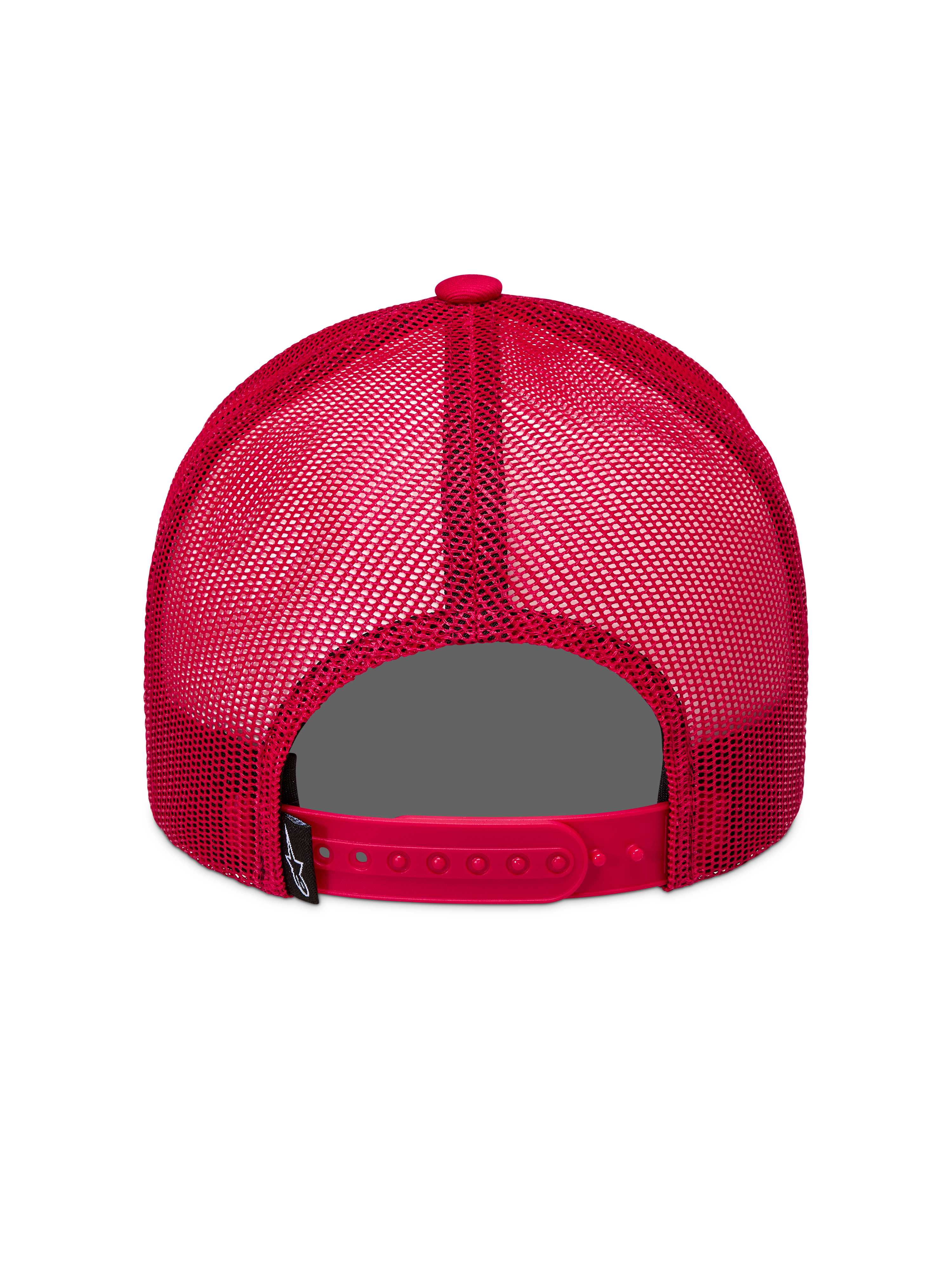 Alpinestars Ageless Snapback Kapelusz, czerwona czapka z daszkiem typu trucker, widok z tyłu z oddychającymi panelami z siateczki, regulowanym zapięciem snapback i metką z logo.
