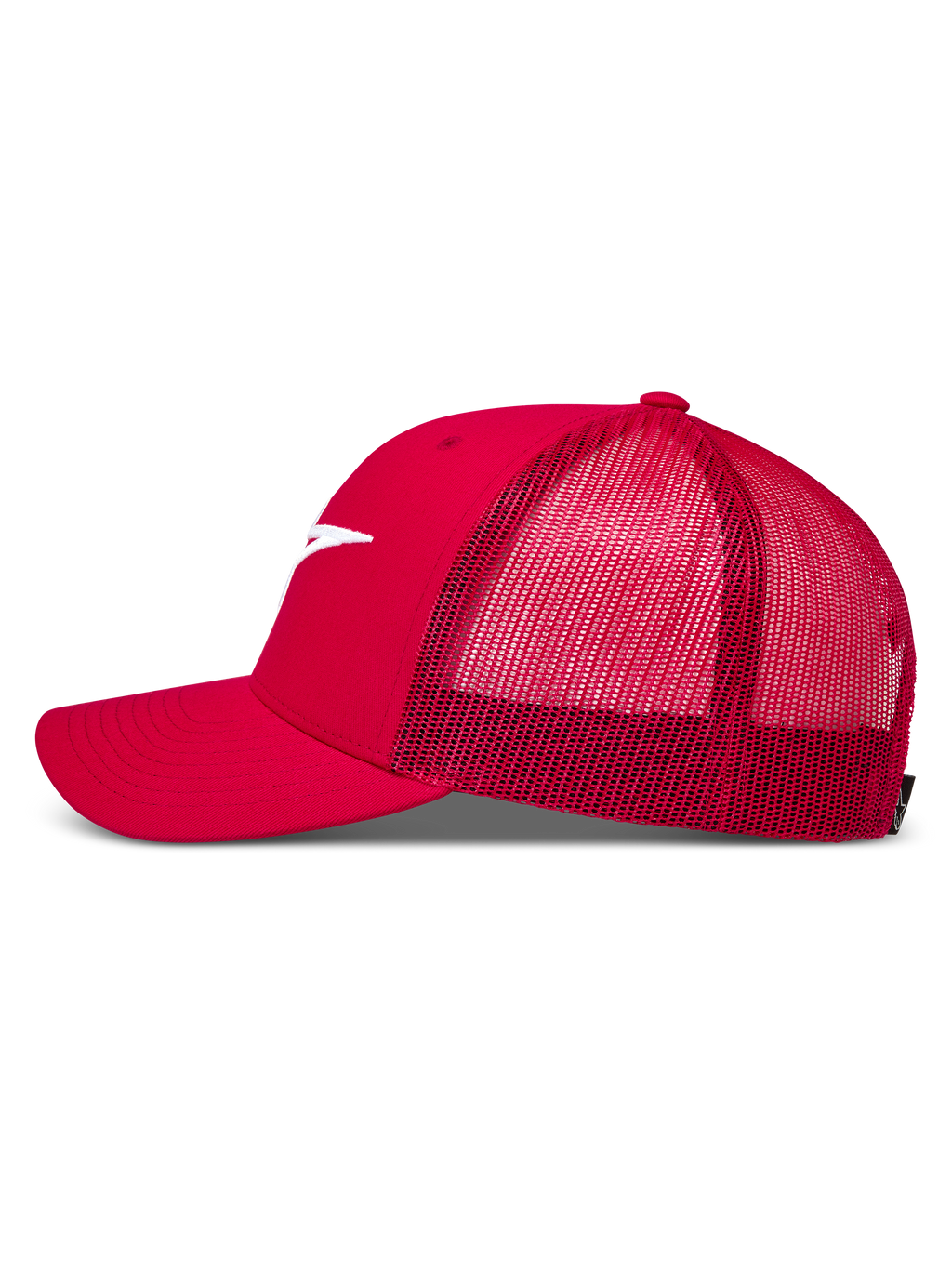 Alpinestars Ageless Trucker, czerwona czapka z daszkiem, oddychająca siateczka z tyłu, zakrzywiony daszek i białe haftowane logo, sportowa odzież codzienna.