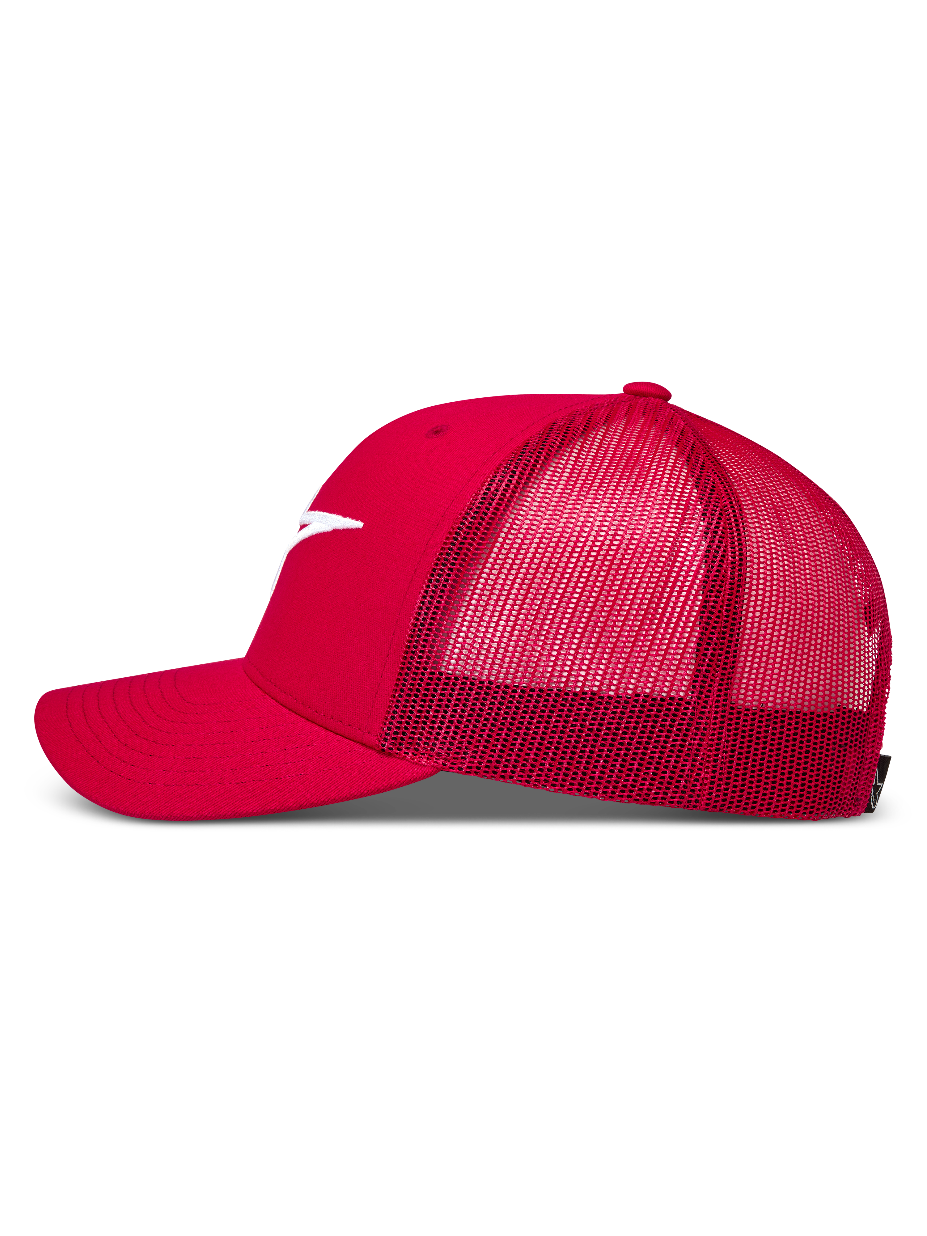 Alpinestars Ageless Trucker, czerwona czapka z daszkiem, oddychająca siateczka z tyłu, zakrzywiony daszek i białe haftowane logo, sportowa odzież codzienna.