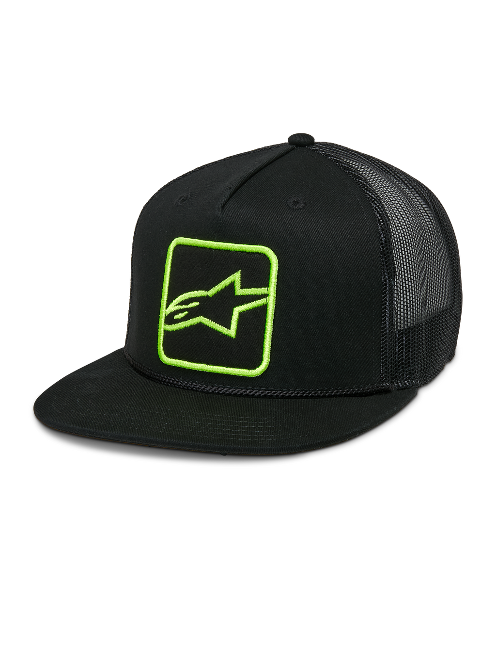 Alpinestars Control Trucker Hat, czarna czapka z daszkiem typu snapback z neonowozielonym logo, tył z siatki, płaski daszek z ozdobnym plecionym sznurkiem, usztywniony przedni panel z haftowanym logo Astars, casualowy styl motorsportowy