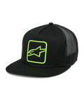 Alpinestars Control Trucker Hat, czarna czapka z daszkiem typu snapback z neonowozielonym logo, tył z siatki, płaski daszek z ozdobnym plecionym sznurkiem, usztywniony przedni panel z haftowanym logo Astars, casualowy styl motorsportowy