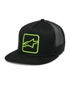 Alpinestars Control Trucker Hat, czarna czapka z daszkiem typu snapback z neonowozielonym logo, tył z siatki, płaski daszek z ozdobnym plecionym sznurkiem, usztywniony przedni panel z haftowanym logo Astars, casualowy styl motorsportowy