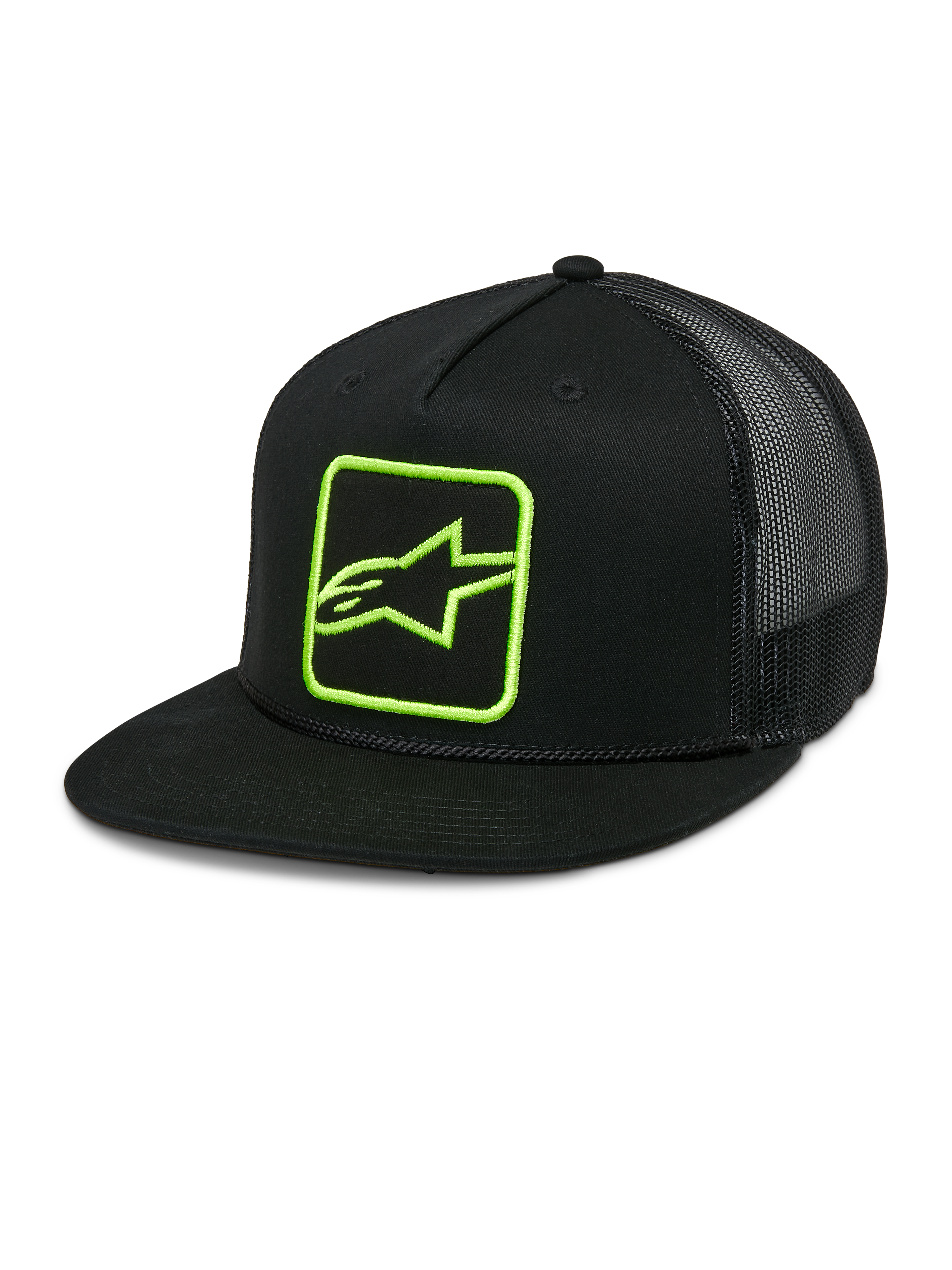 Alpinestars Control Trucker Hat, czarna czapka z daszkiem typu snapback z neonowozielonym logo, tył z siatki, płaski daszek z ozdobnym plecionym sznurkiem, usztywniony przedni panel z haftowanym logo Astars, casualowy styl motorsportowy