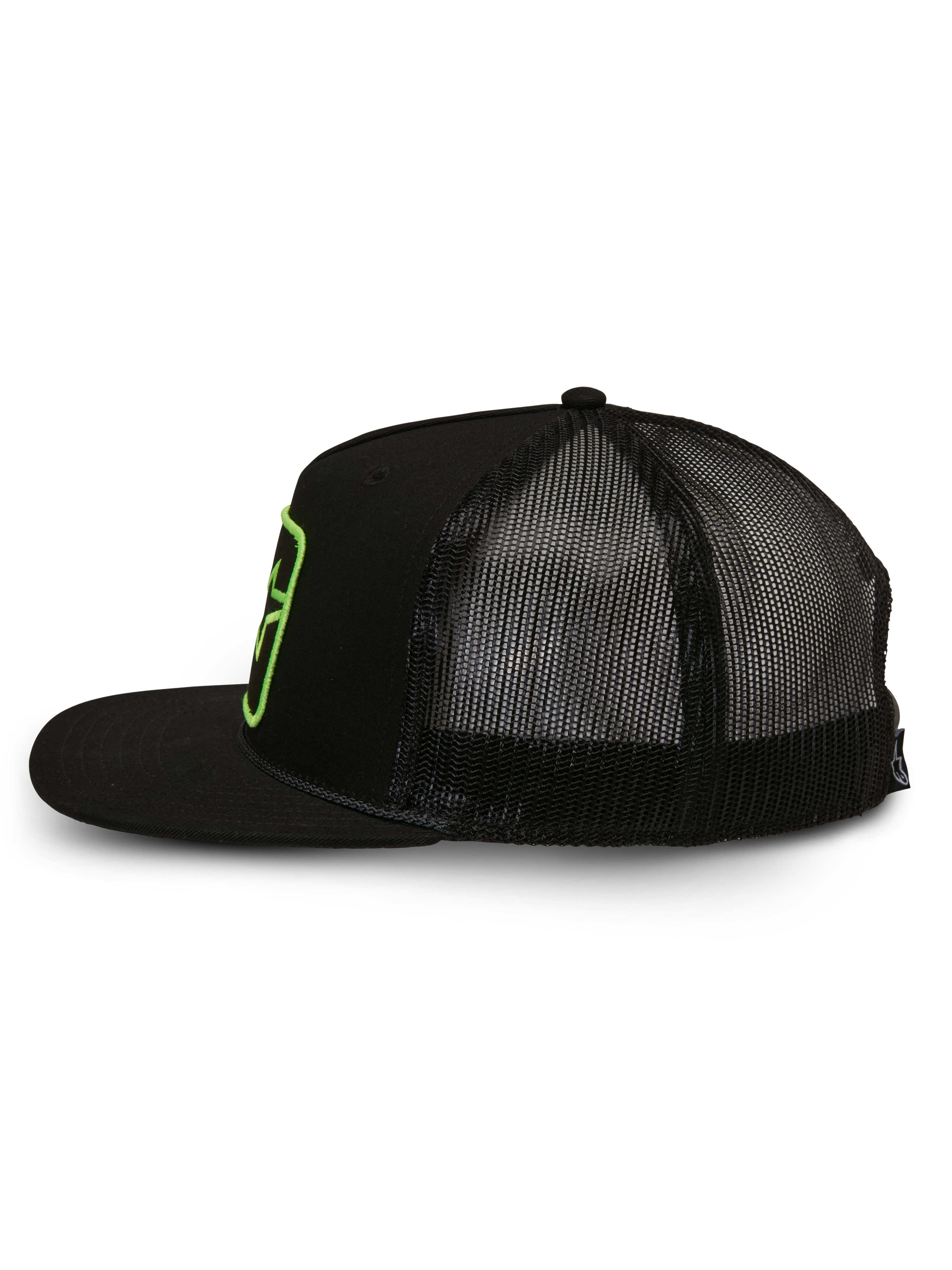 Alpinestars Control Trucker Hat, czapka typu trucker, czarna, widok z boku prezentujący tył z poliestrowej siatki i przód z tkaniny twill, płaski daszek z detalem z plecionego sznurka, zielona haftowana naszywka z logo, codzienna odzież uliczna inspirowana motorsportem