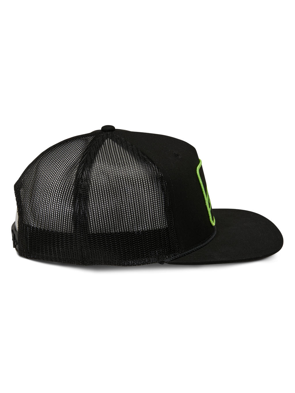 Alpinestars Control Trucker Hat, czapka typu trucker, czarna, widok z boku z siatkowym tyłem i płaskim daszkiem, limonkowy haftowany obrys logo, codzienna odzież w stylu motorsportowym