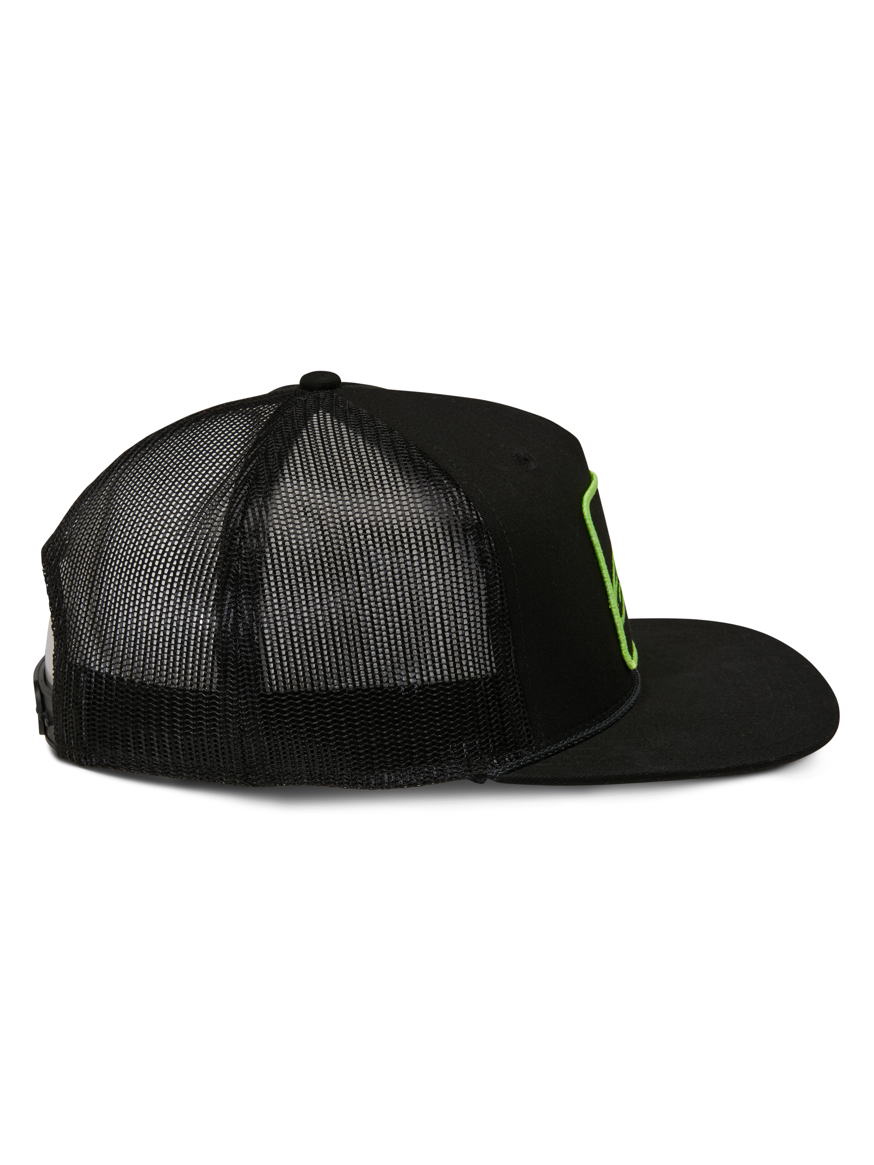 Alpinestars Control Trucker Hat, czapka typu trucker, czarna, widok z boku z siatkowym tyłem i płaskim daszkiem, limonkowy haftowany obrys logo, codzienna odzież w stylu motorsportowym