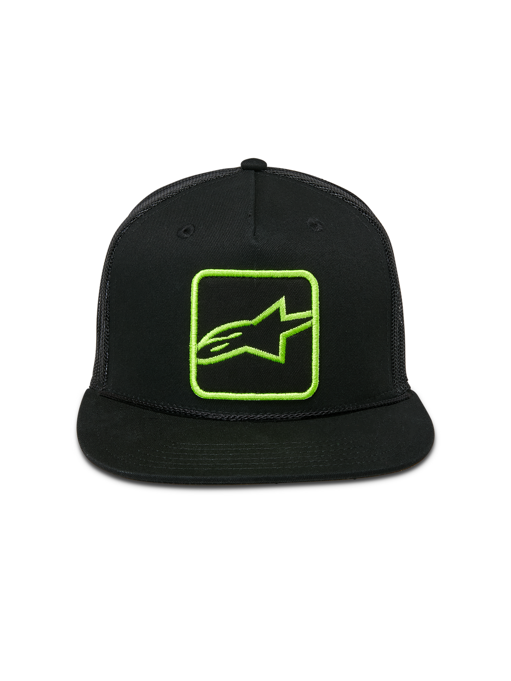 Czapka Alpinestars Control Trucker, czarna z limonkowo-zielonym haftowanym logo, płaski daszek z plecionym sznurkiem, tył z siatki typu snapback, casualowy styl streetwear
