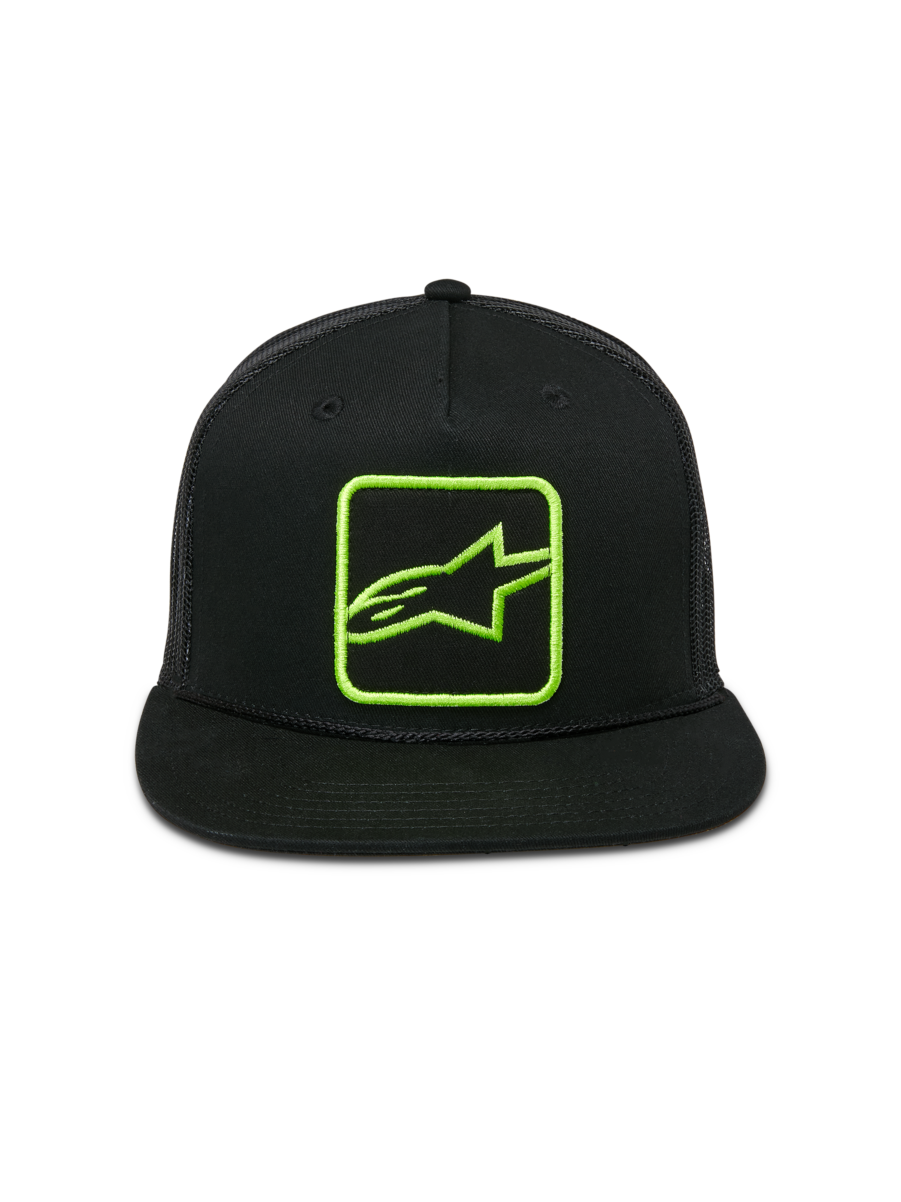 Czapka Alpinestars Control Trucker, czarna z limonkowo-zielonym haftowanym logo, płaski daszek z plecionym sznurkiem, tył z siatki typu snapback, casualowy styl streetwear