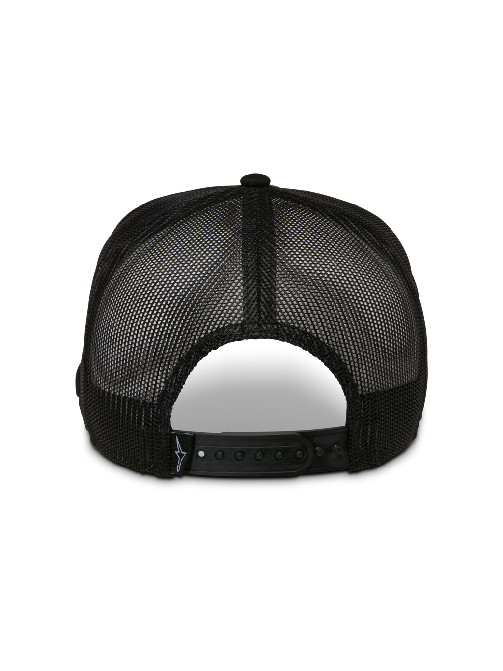 Alpinestars Control Trucker Hat, widok z tyłu, czarna, oddychające panele z siatki, regulowane zapięcie typu snapback, codzienne nakrycie głowy w stylu motorsport