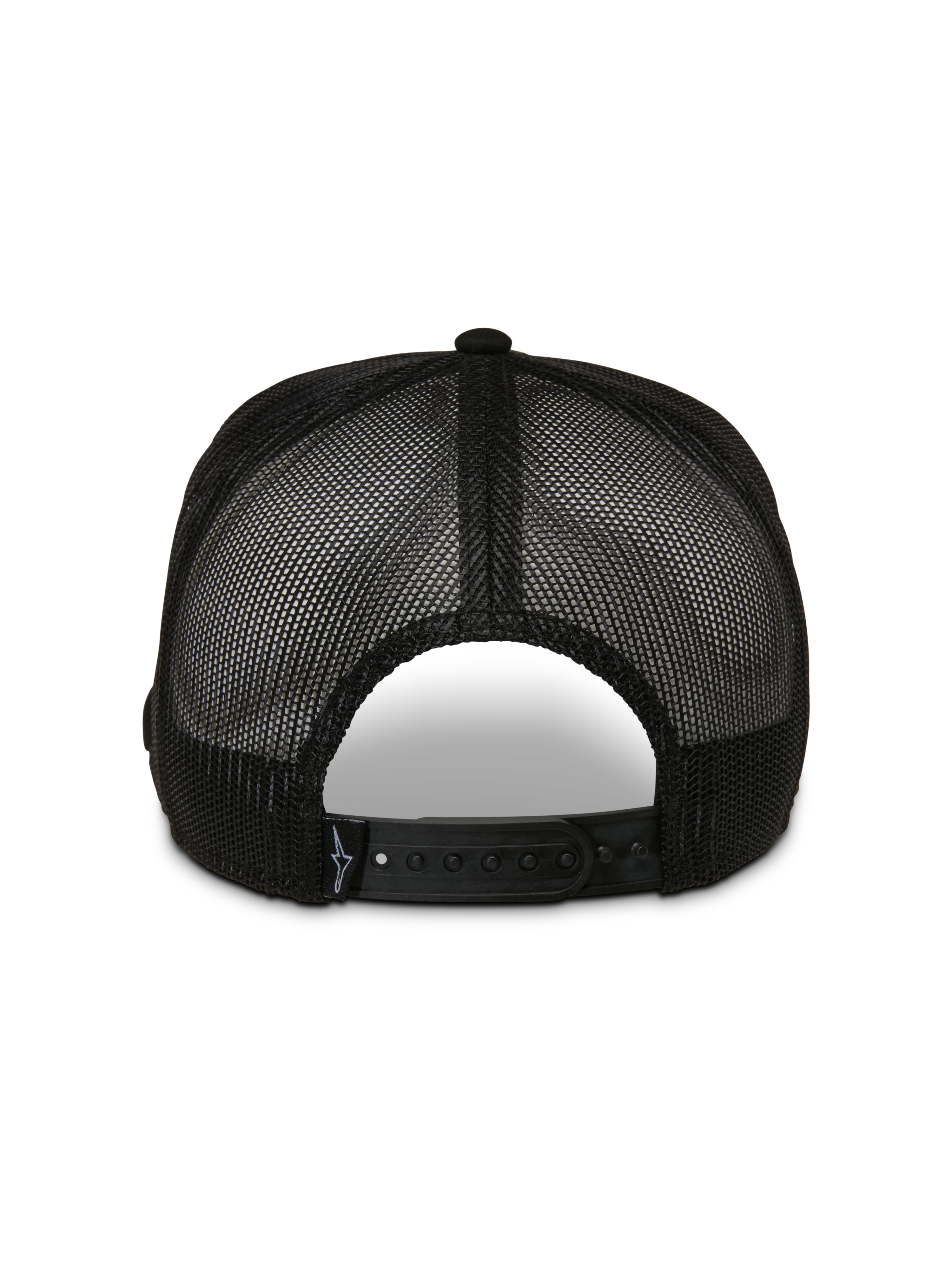 Alpinestars Control Trucker Hat, widok z tyłu, czarna, oddychające panele z siatki, regulowane zapięcie typu snapback, codzienne nakrycie głowy w stylu motorsport