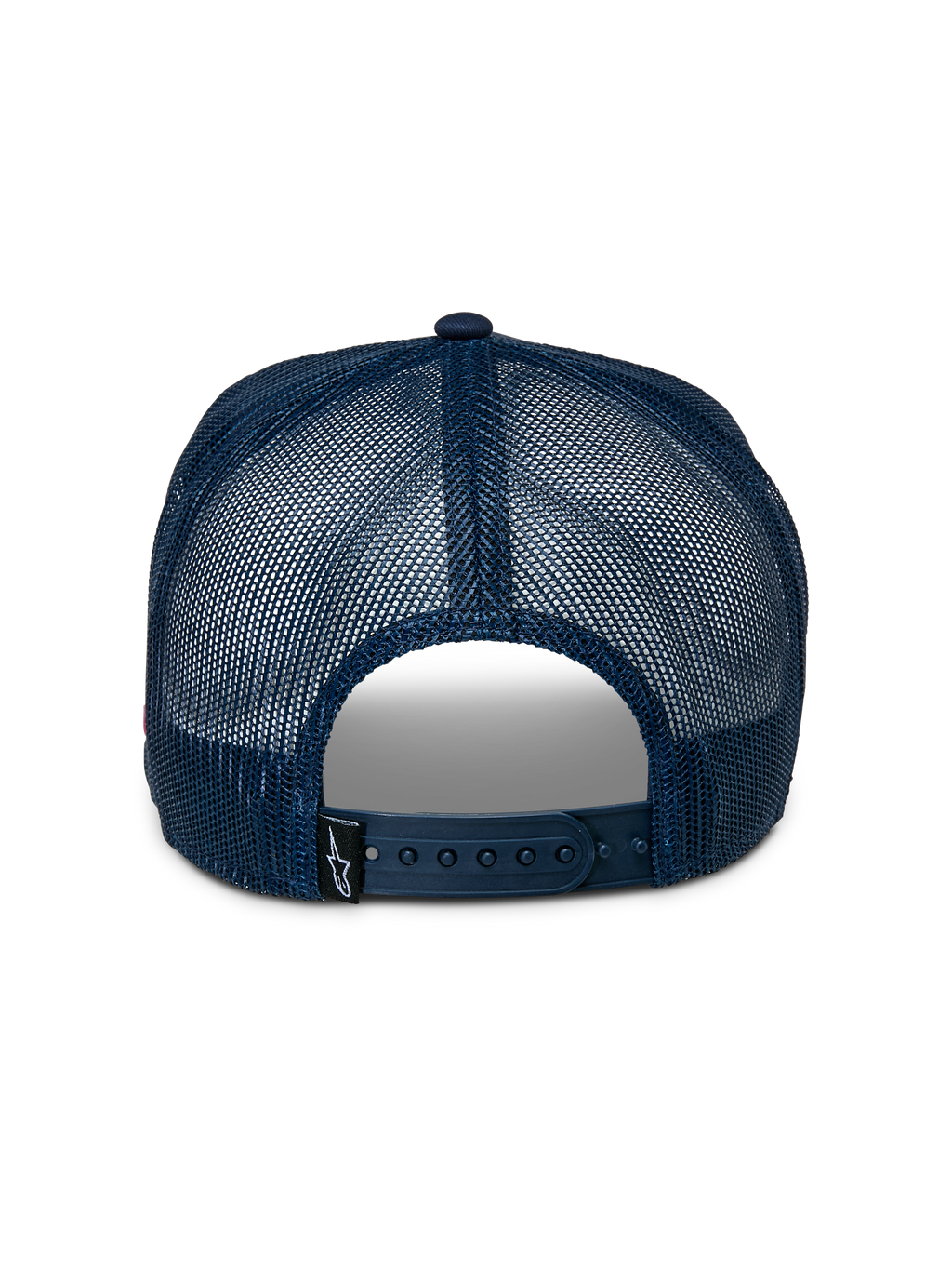 Alpinestars Control Trucker Hat, widok z tyłu, granatowy tył z siatki, regulowane zapięcie snapback, mała czarna metka z logo Astars, sportowy dodatek typu casual