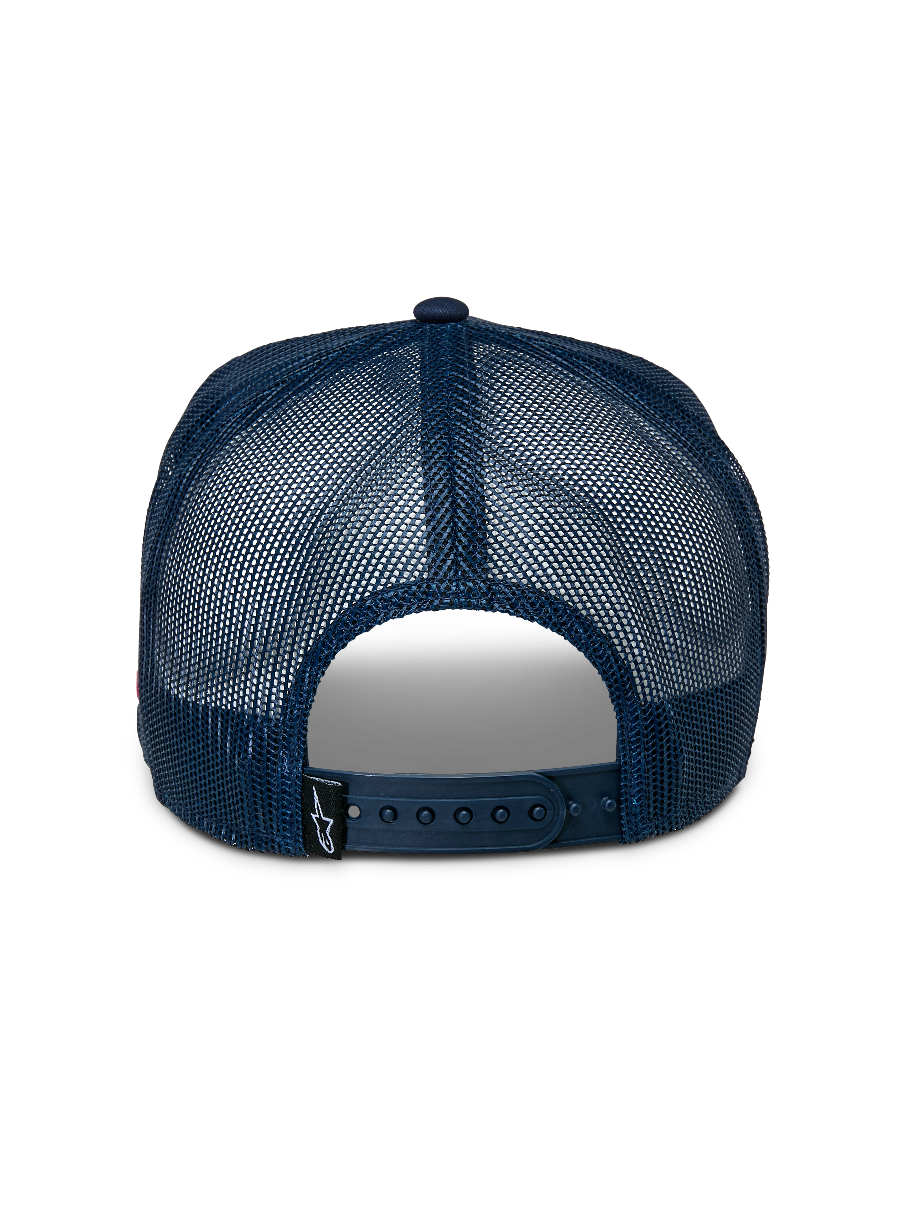Alpinestars Control Trucker Hat, widok z tyłu, granatowy tył z siatki, regulowane zapięcie snapback, mała czarna metka z logo Astars, sportowy dodatek typu casual