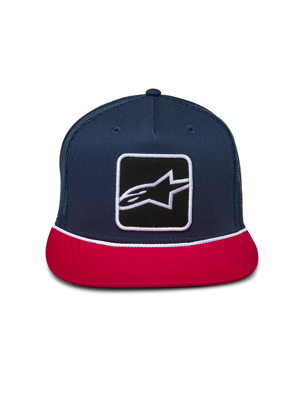Alpinestars Control Trucker Hat, granatowo-czerwona, usztywniona korona z płaskim daszkiem, naszywka z logo Astars z przodu z białym plecionym sznurkiem, tył z siatki, codzienne nakrycie głowy w stylu motorsportowym