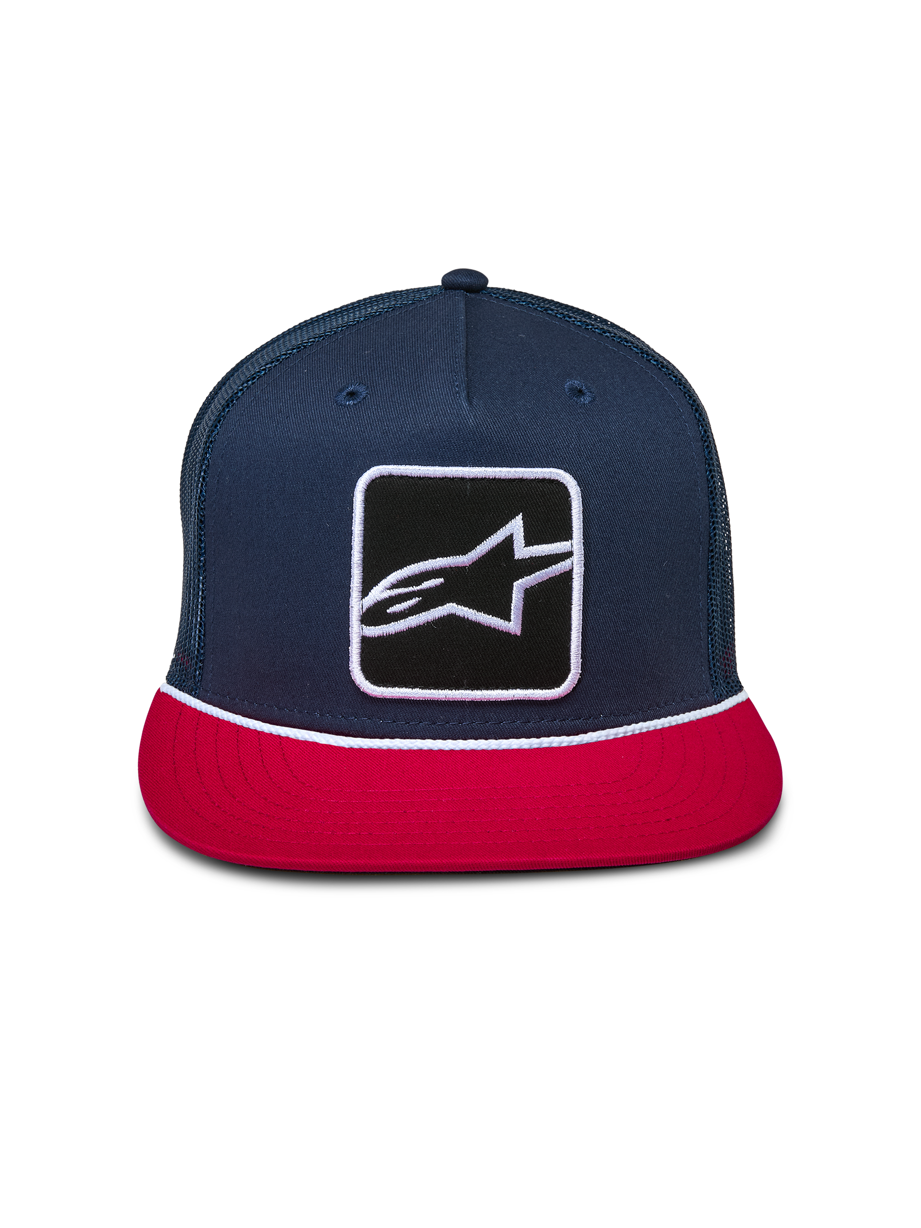 Alpinestars Control Trucker Hat, granatowo-czerwona, usztywniona korona z płaskim daszkiem, naszywka z logo Astars z przodu z białym plecionym sznurkiem, tył z siatki, codzienne nakrycie głowy w stylu motorsportowym