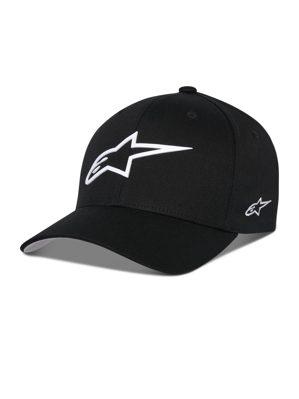 Alpinestars Ageless Multi Hat, czarna czapka z daszkiem, z dużym białym logo gwiazdy 3D z przodu i małym haftowanym logo z boku, zakrzywiony daszek, usztywniona korona, codzienne nakrycie głowy inspirowane sportami motorowymi