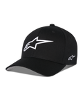 Alpinestars Ageless Multi Hat, czarna czapka z daszkiem, z dużym białym logo gwiazdy 3D z przodu i małym haftowanym logo z boku, zakrzywiony daszek, usztywniona korona, codzienne nakrycie głowy inspirowane sportami motorowymi