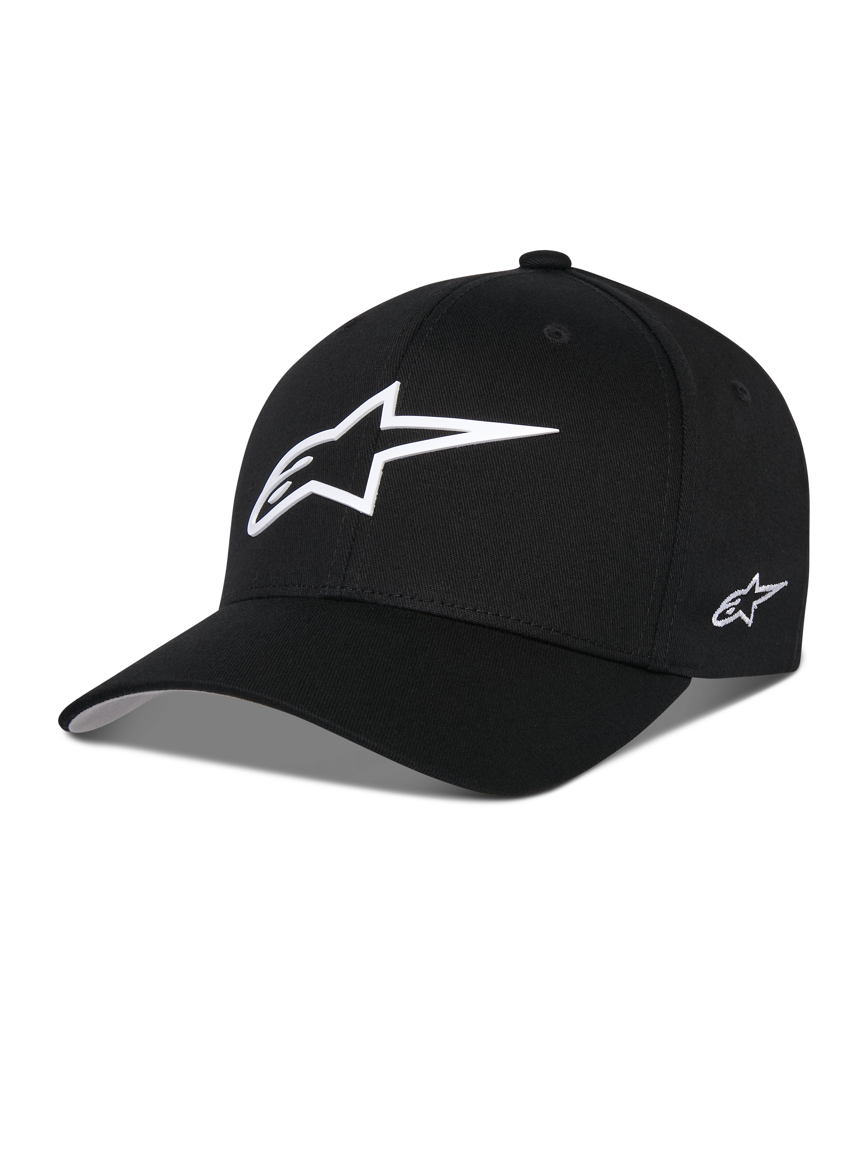 Alpinestars Ageless Multi Hat, czarna czapka z daszkiem, z dużym białym logo gwiazdy 3D z przodu i małym haftowanym logo z boku, zakrzywiony daszek, usztywniona korona, codzienne nakrycie głowy inspirowane sportami motorowymi