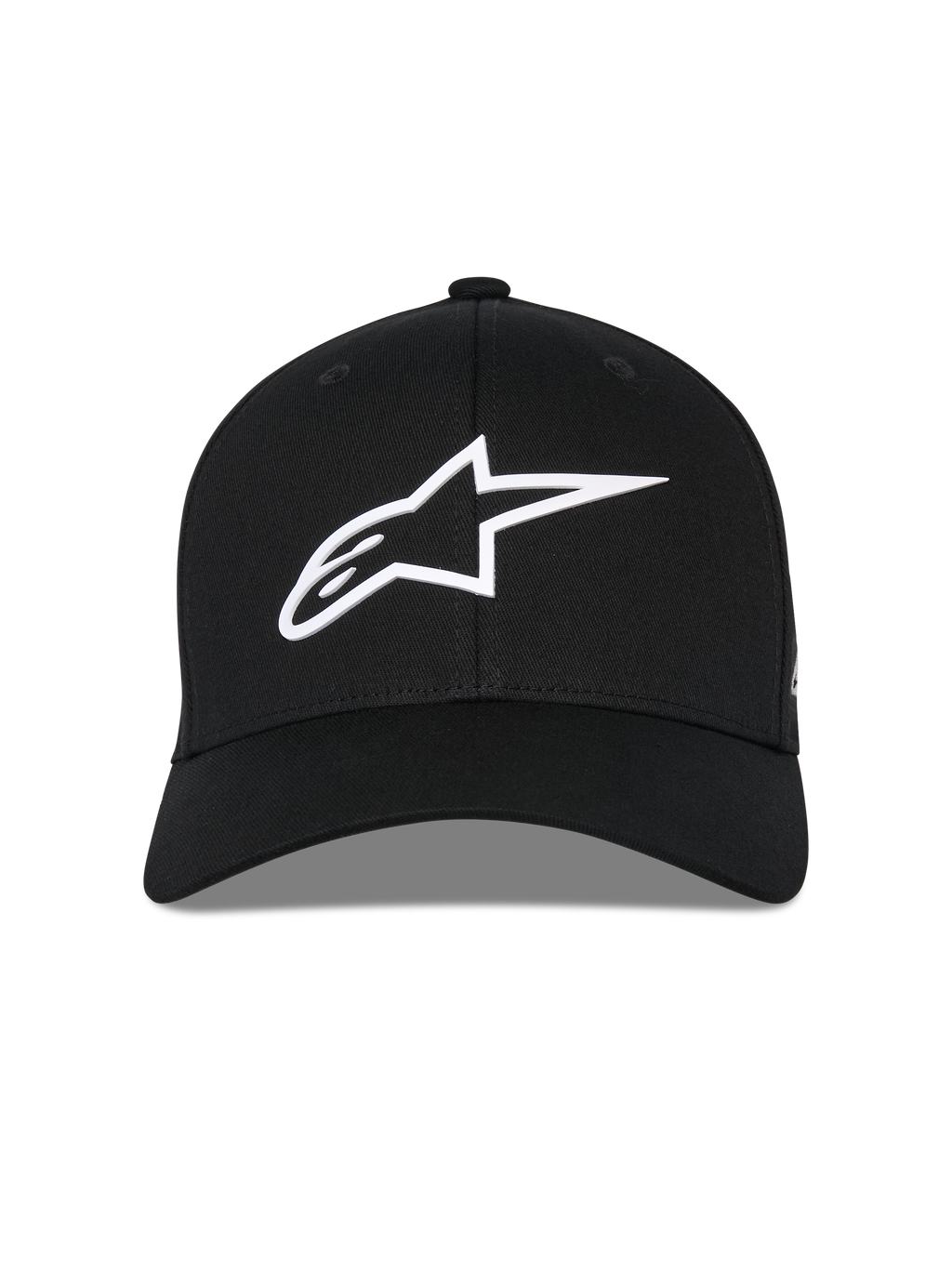 Alpinestars Ageless Multi Hat, czarna czapka z daszkiem, widok z przodu, białe logo Astars 3D, zakrzywiony daszek, usztywniona korona, casualowa odzież sportowa