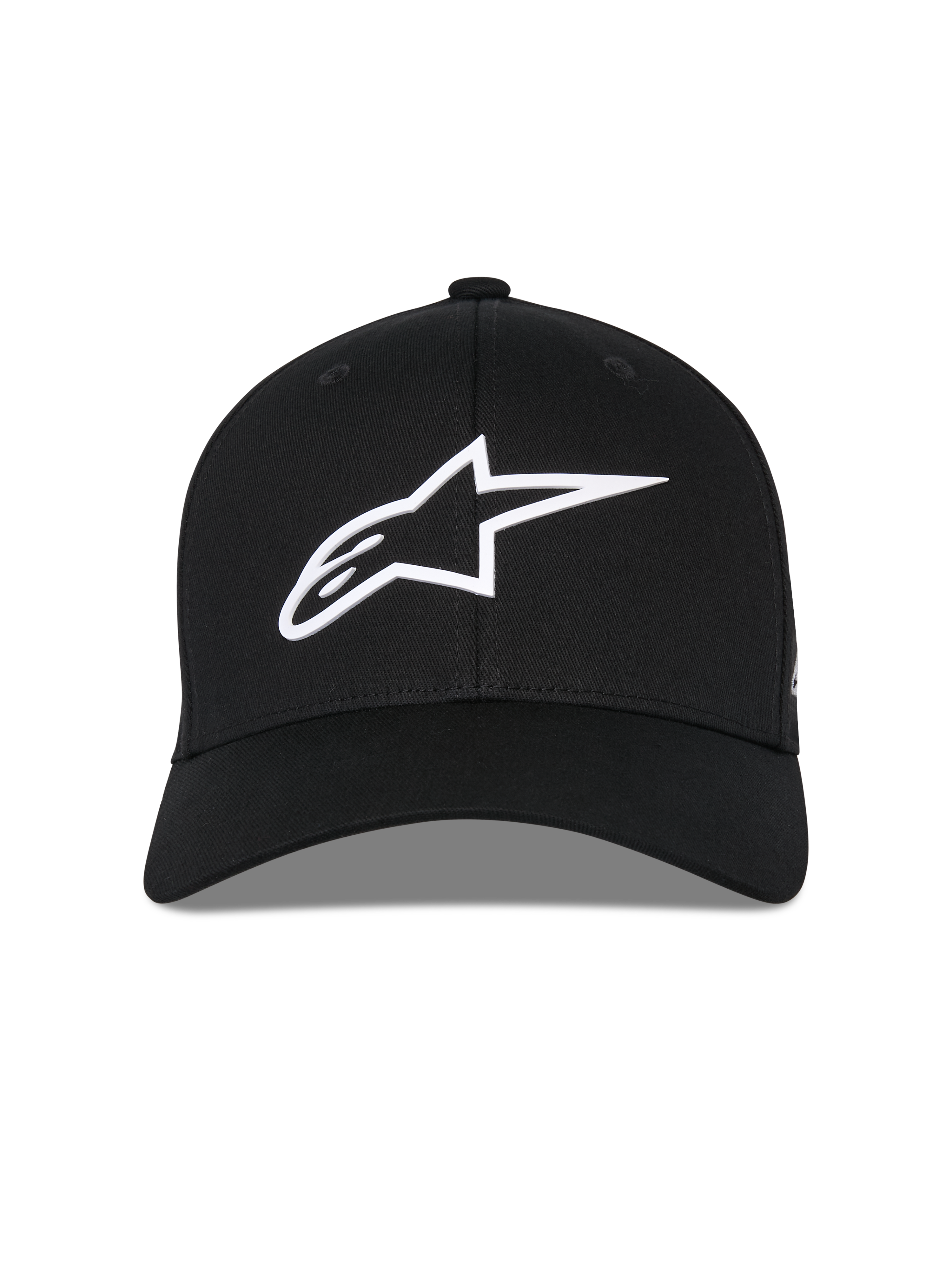 Alpinestars Ageless Multi Hat, czarna czapka z daszkiem, widok z przodu, białe logo Astars 3D, zakrzywiony daszek, usztywniona korona, casualowa odzież sportowa